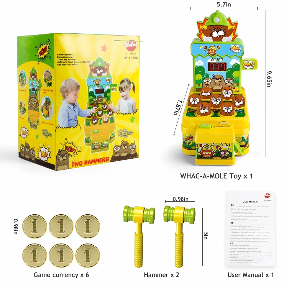 VATOS Marteau Jouet, Mini Banc d'Arcade Électronique avec 2 Marteaux, Jeu Éducatif pour Enfants 3-6 Ans