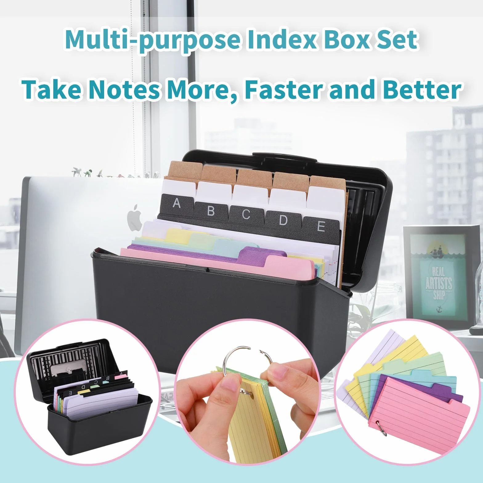 JIANTA Boîte d'index Fiche Bristol Couleur Lignées avec 255 Cartes, 15 Index Cards, 6 Anneaux