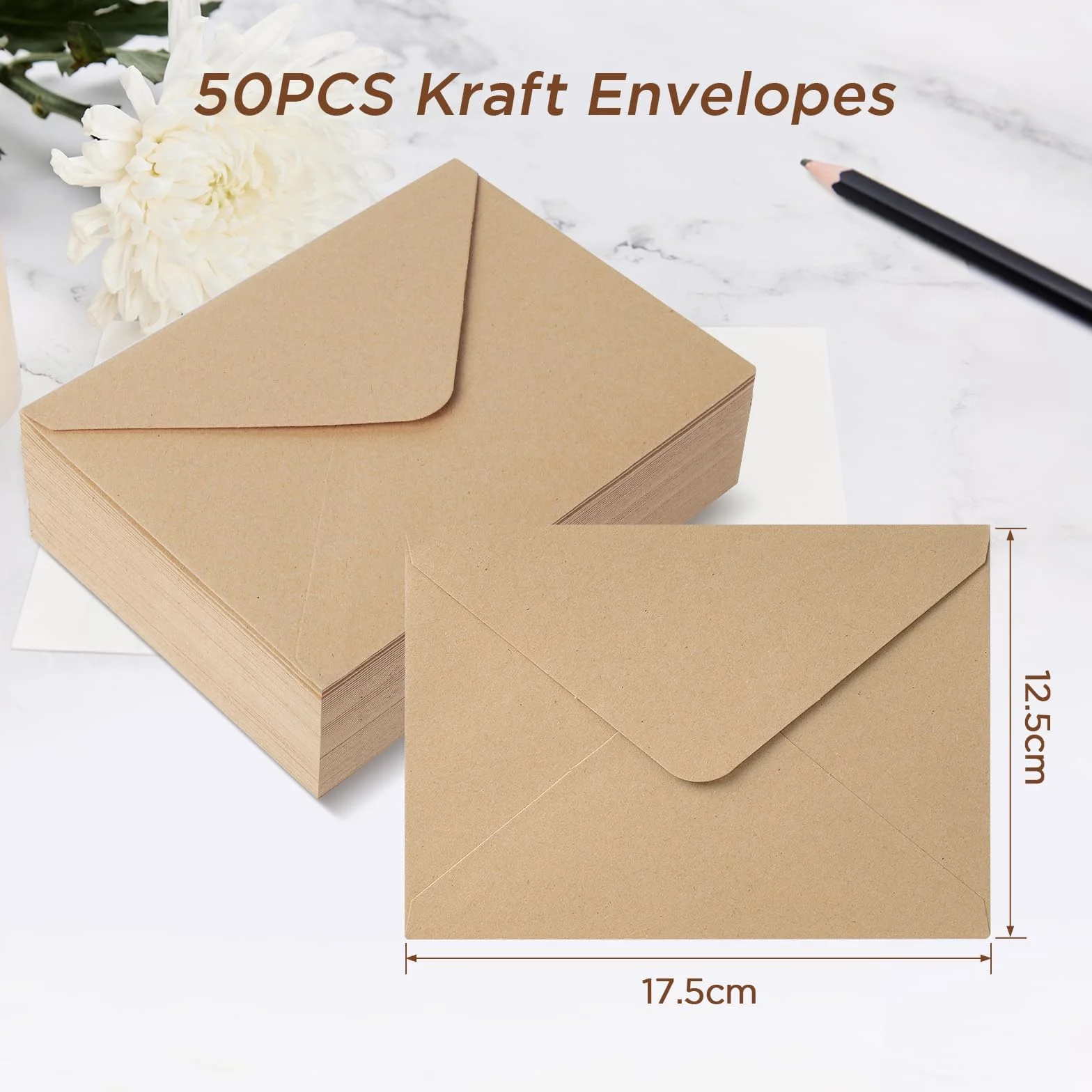 Enveloppes Papier Kraft Vintage 120 g/m² 12.5x17.5CM Rabat Pointu 50 Pièces