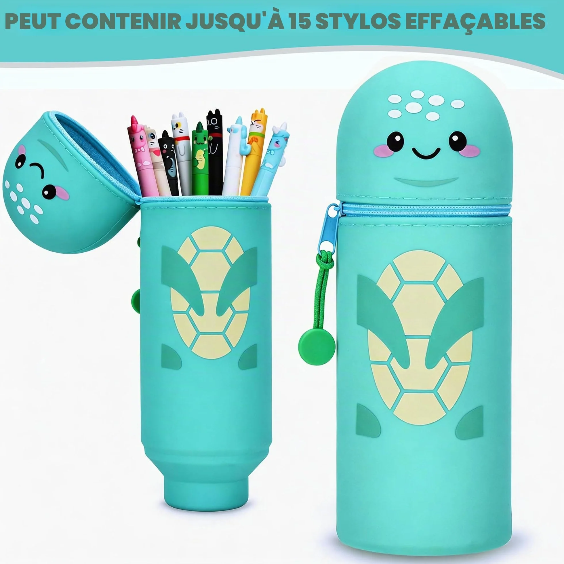 Kawaii Trousse 2 en 1 silicone souple - Porte-crayons de table, fermeture éclair, H 18,5 cm