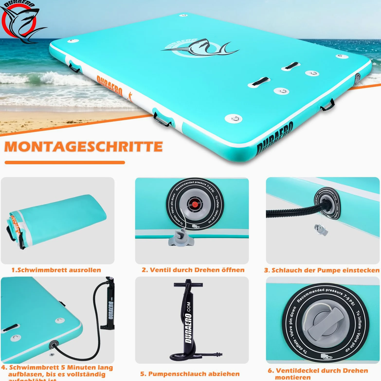 DURAERO Plateforme Flottante Gonflable 240 x 180 x 15 cm, Ponton Flottant PVC Drop-Stitch pour Bateau, Lac et Piscine, Jusqu’à 4 Personnes, avec Échelle, Pompe et Kit Réparation