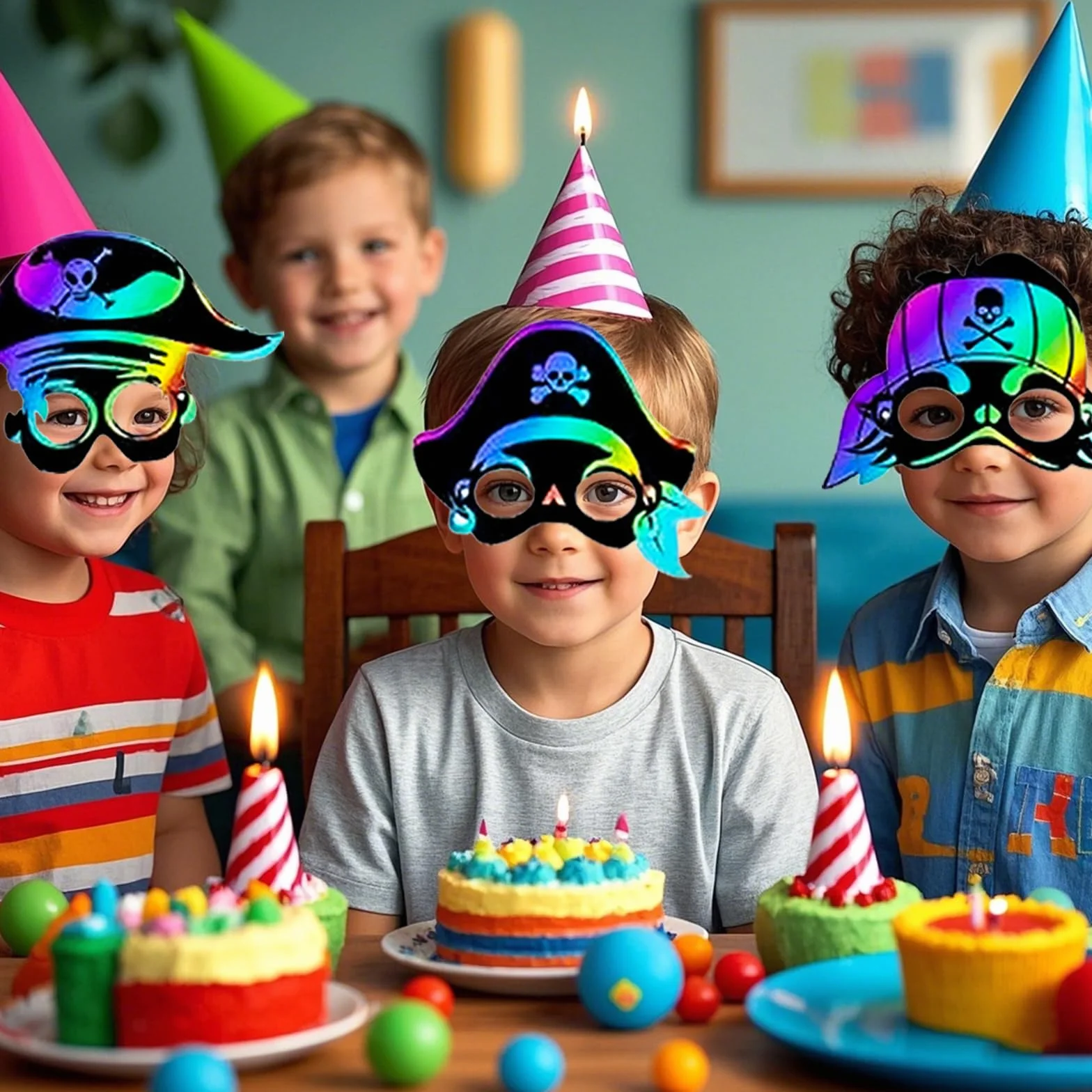 Lot de 48 masques de pirate arc-en-ciel à gratter pour anniversaire