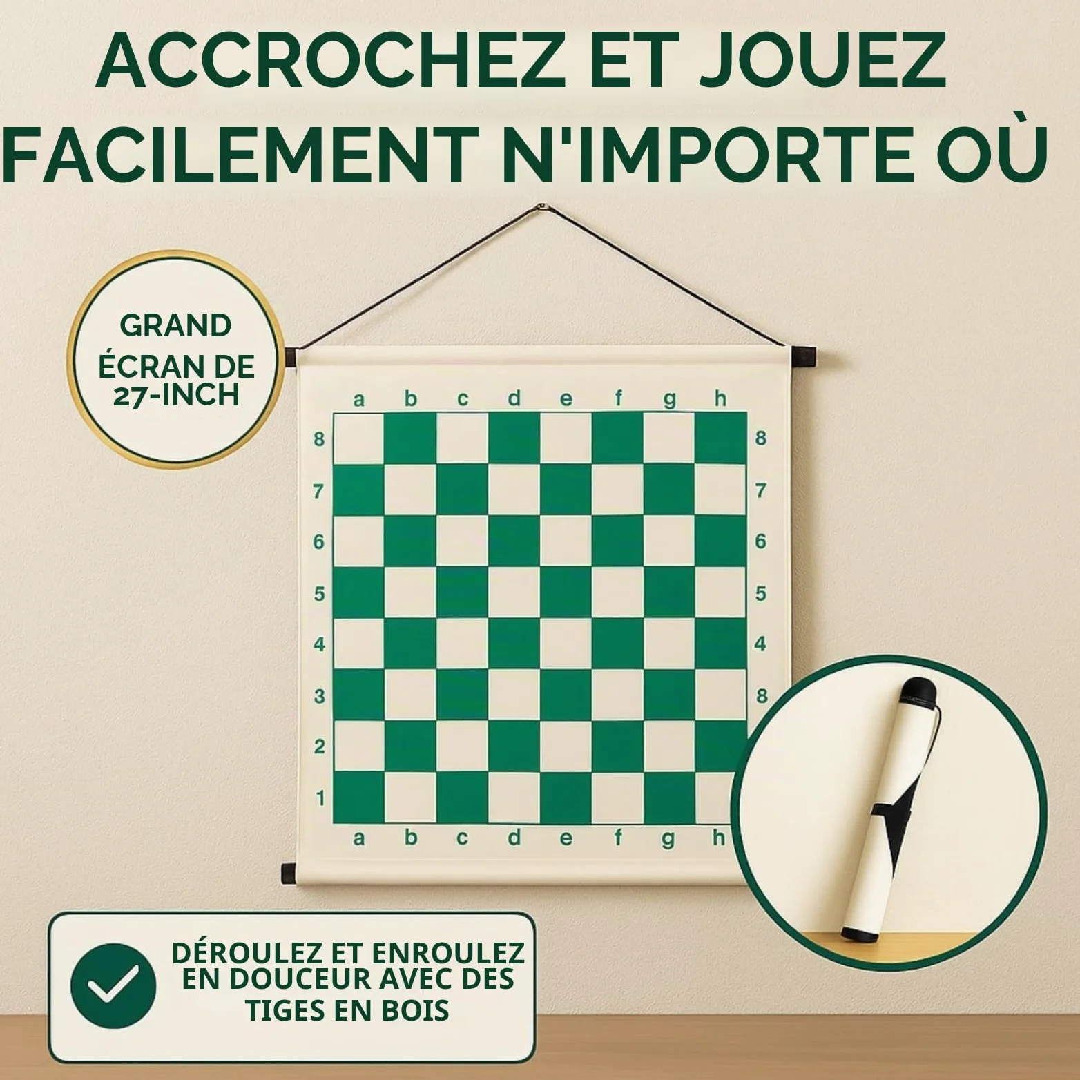 KD Willmax Échiquier mural avec pièces magnétiques | Écran enroulable 68,6 cm