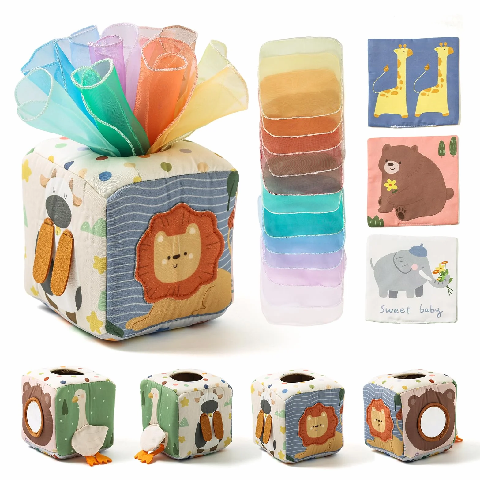 Boîte à Mouchoirs Sensorielle Montessori pour Bébé 0-12 Mois avec Miroir et Foulards