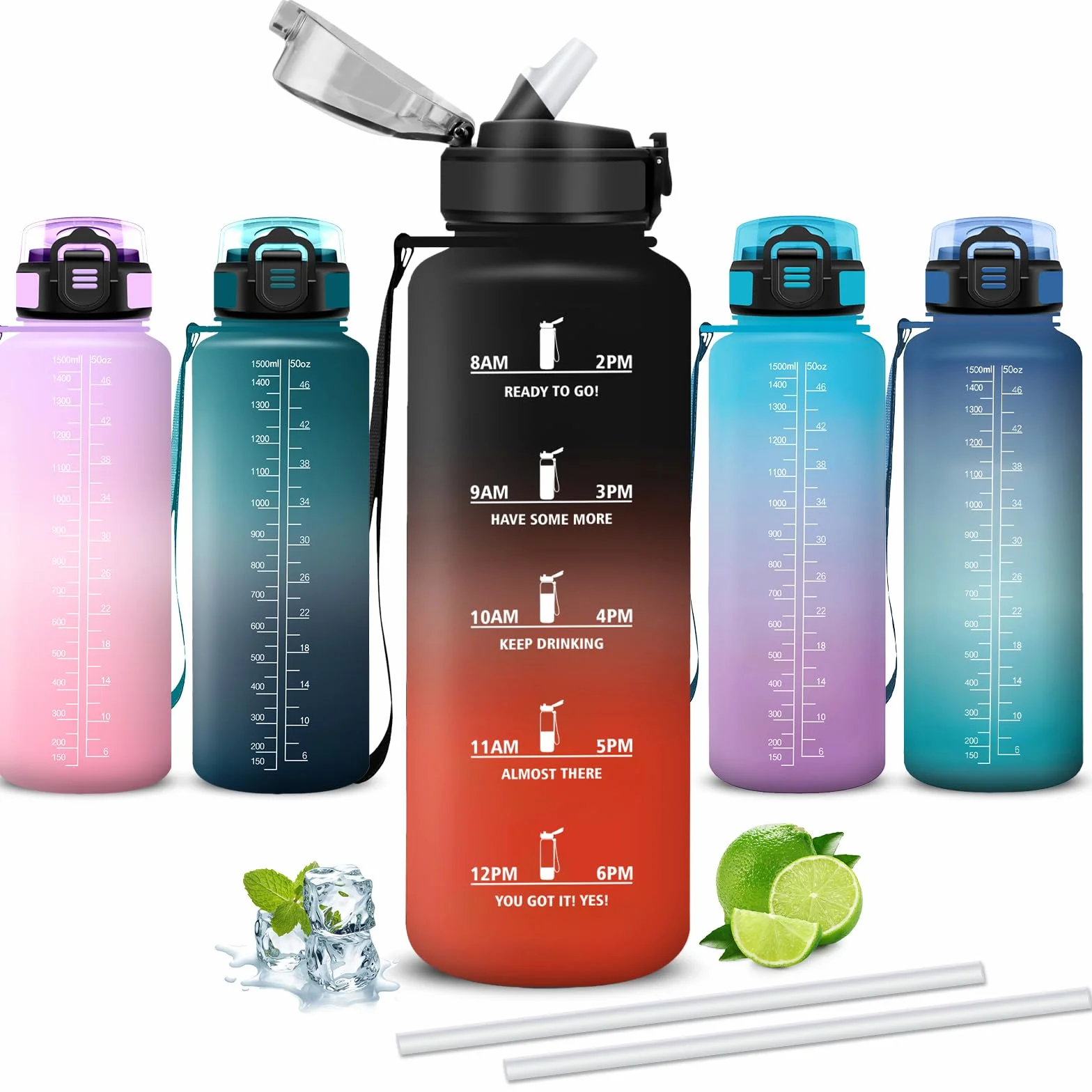 Gourde Sport 1.5L Anti-Fuite avec Paille et Marqueur de Temps, Bouteille Réutilisable pour Running Escalade