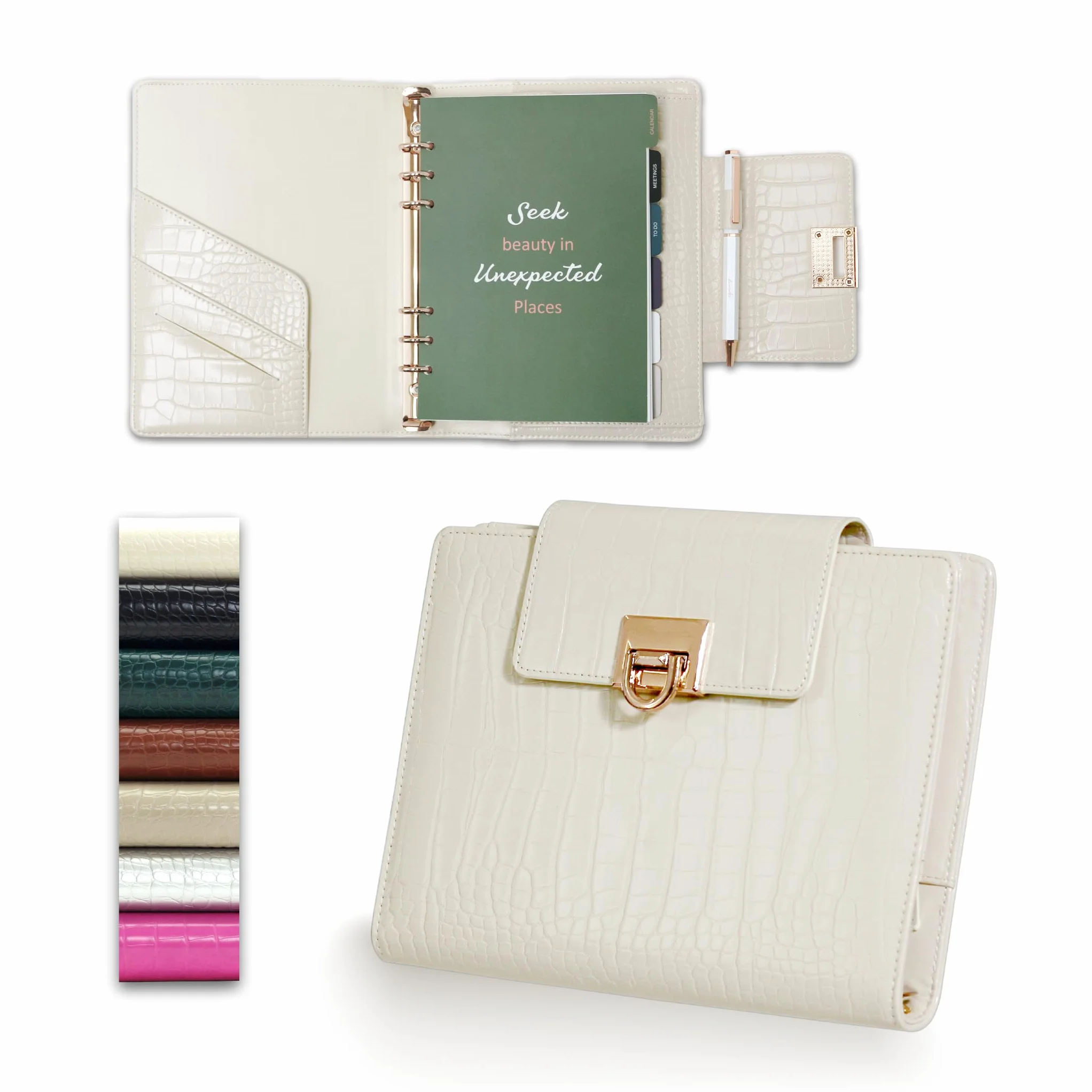 Planificateur en cuir non daté A5 texture crocodile 14,7 x 21 cm classeur rechargeable 6 anneaux 80 feuilles séparateurs