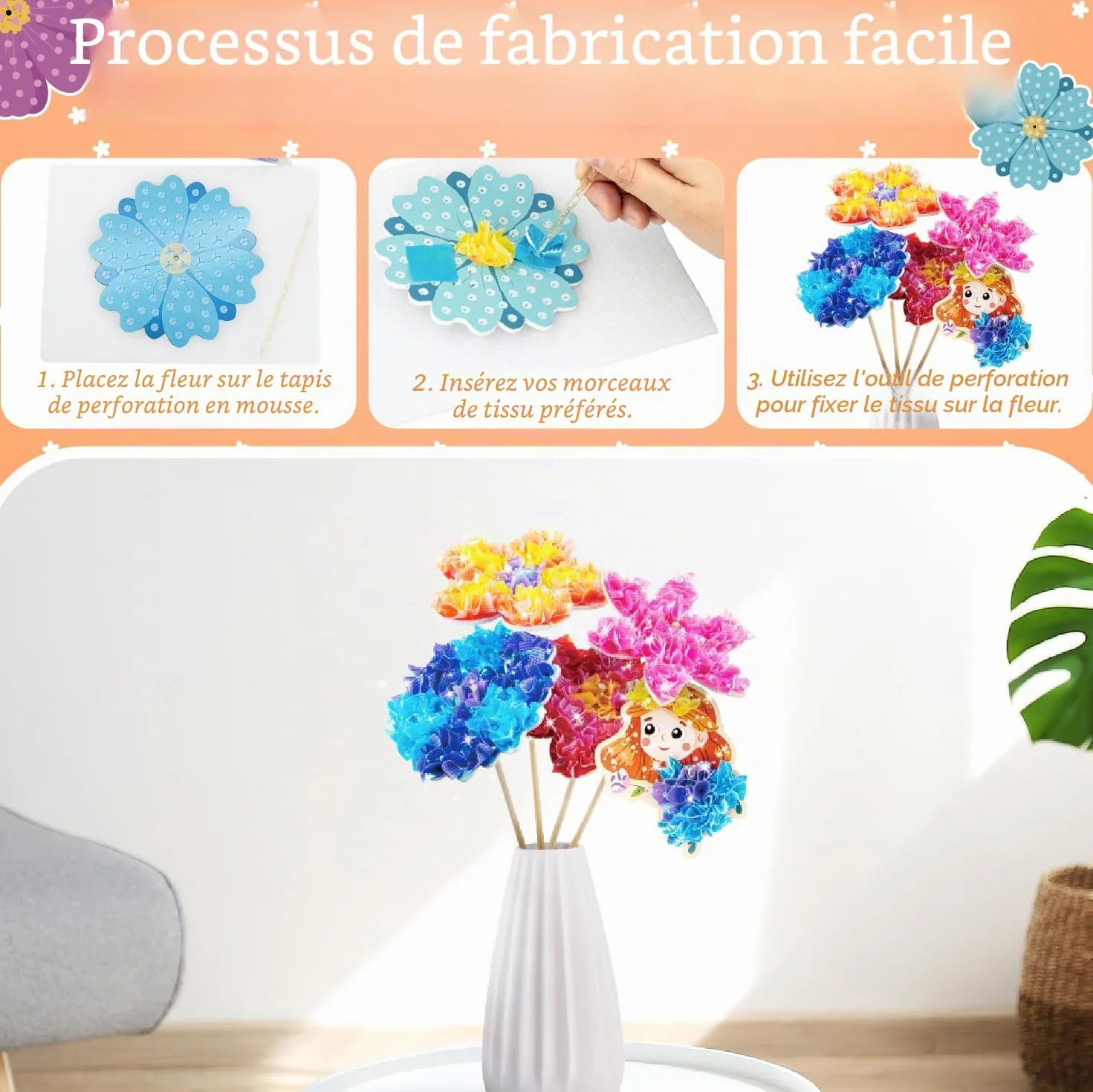 Kit de bricolage pour enfants Kiztoys - Mallette bouquet de fleurs avec paillettes - Kit créatif fille cadeau