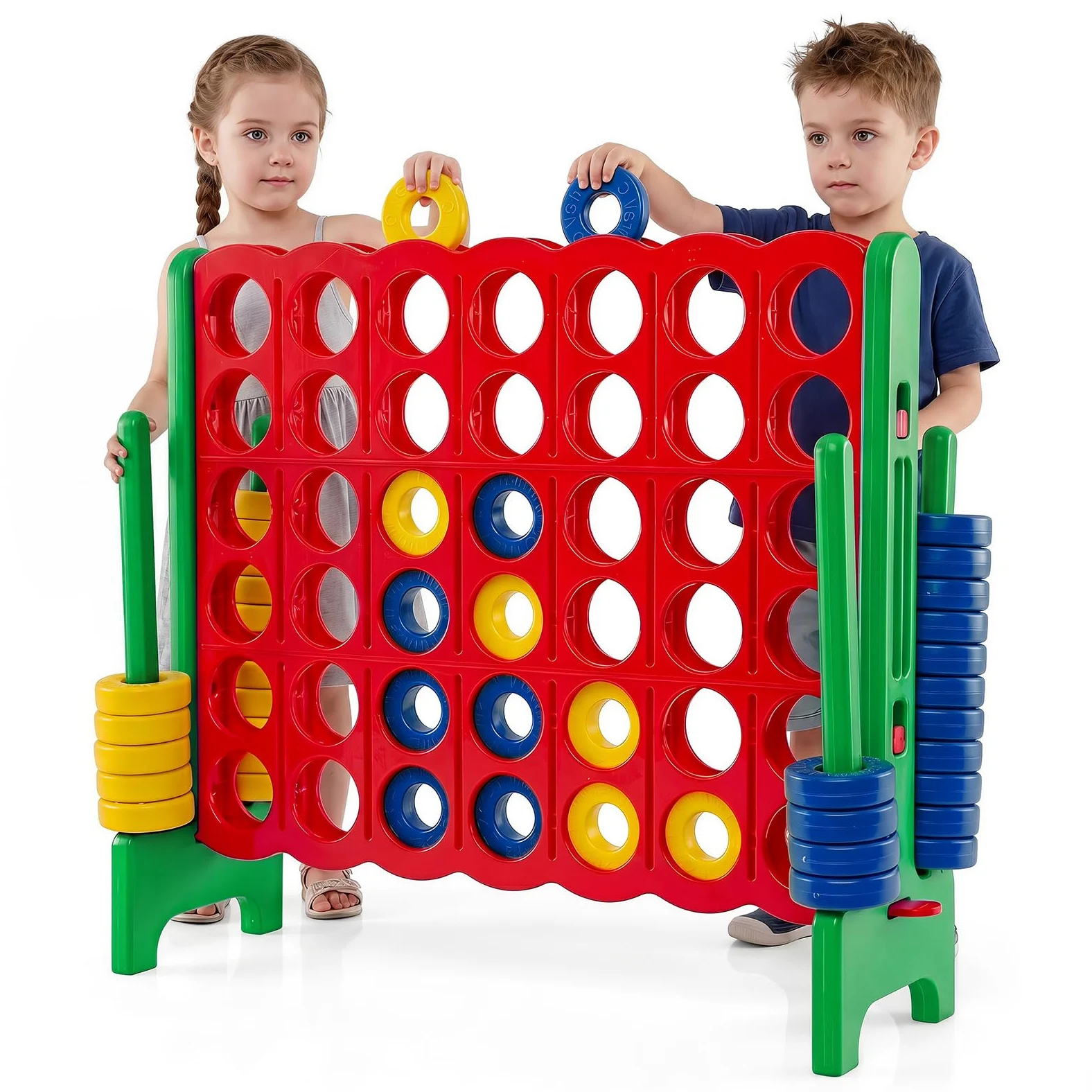 HOMASIS Jeu Géant 4 Gagnants, Jeu 4 en Une Ligne, Jeu de Stratégie avec 42 Anneaux & Curseurs, XXL Jeu de société Jouet 4 Gagnants pour Enfants & Adultes Extérieur (Vert)