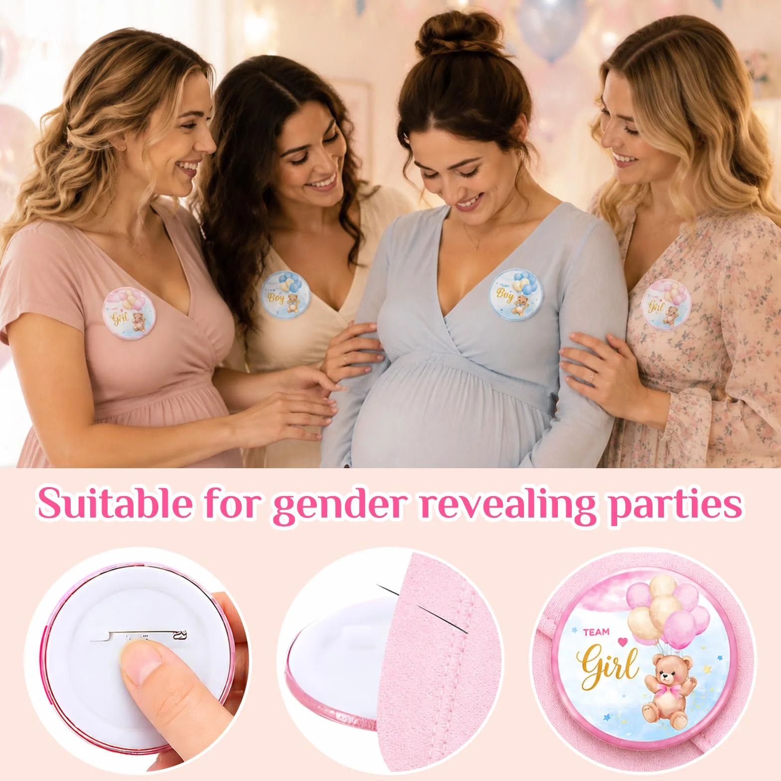 Gender Reveal Decoration Badge 50 Pièces Team Boy Team Girl Ourson Ballons Baby Shower
