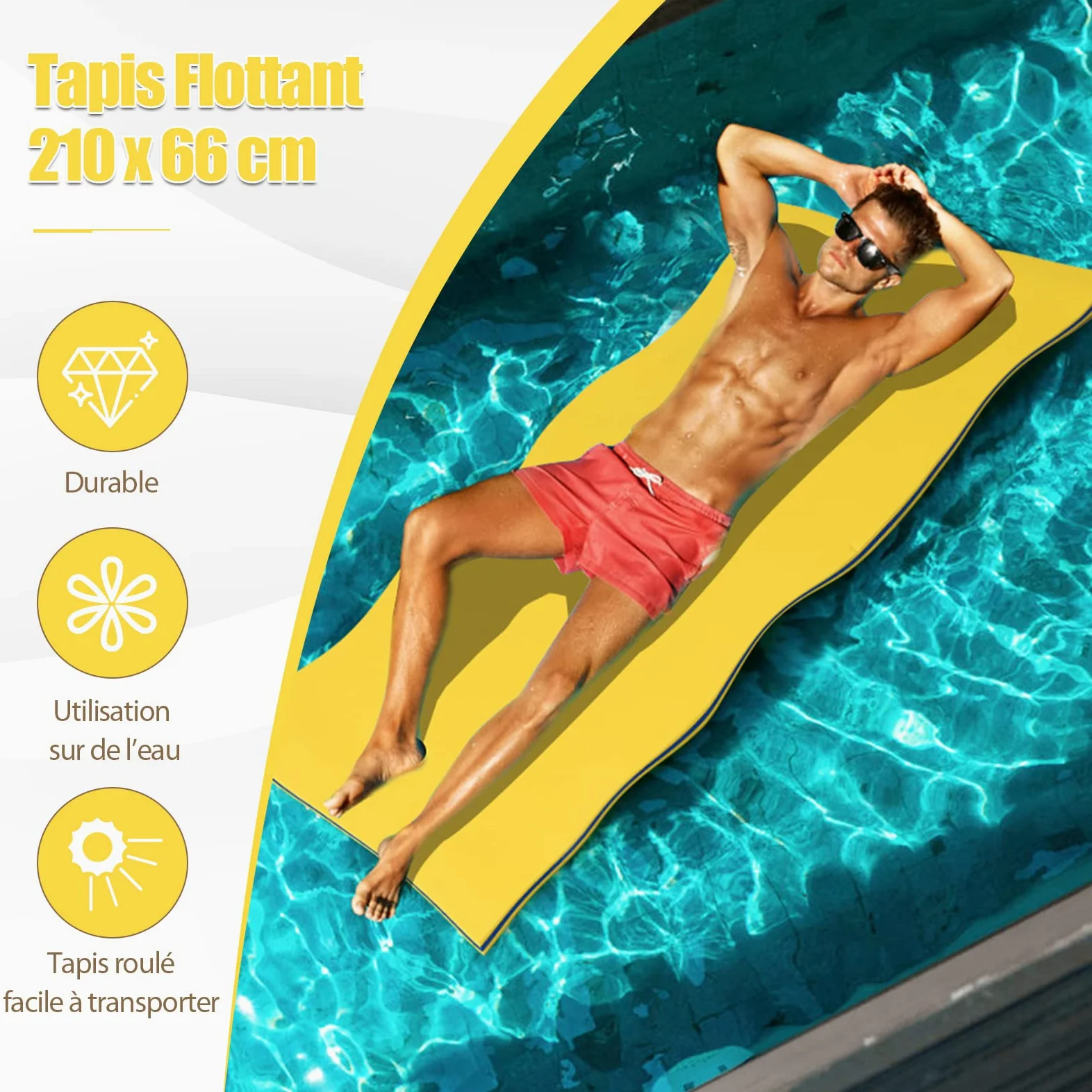 RELAX4LIFE Tapis Flottant Piscine en Mousse XPE 216x66cm pour Piscine Plage Lac, Hamac Flottant Piscine avec Oreiller Roulé pour Sports Nautiques, Bronzage d’Eté, Charge 60kg(Jaune)