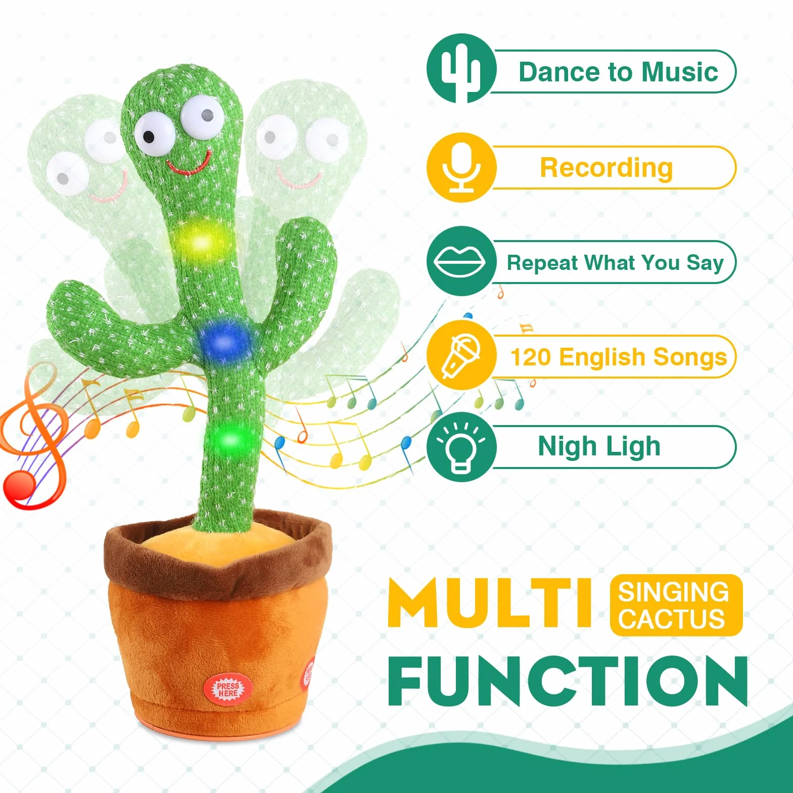 Cactus Dansant Parlant Chante Répète Jouet Bébé Peluche Interactive avec 120 Chansons pour 6 Mois+ Enfants