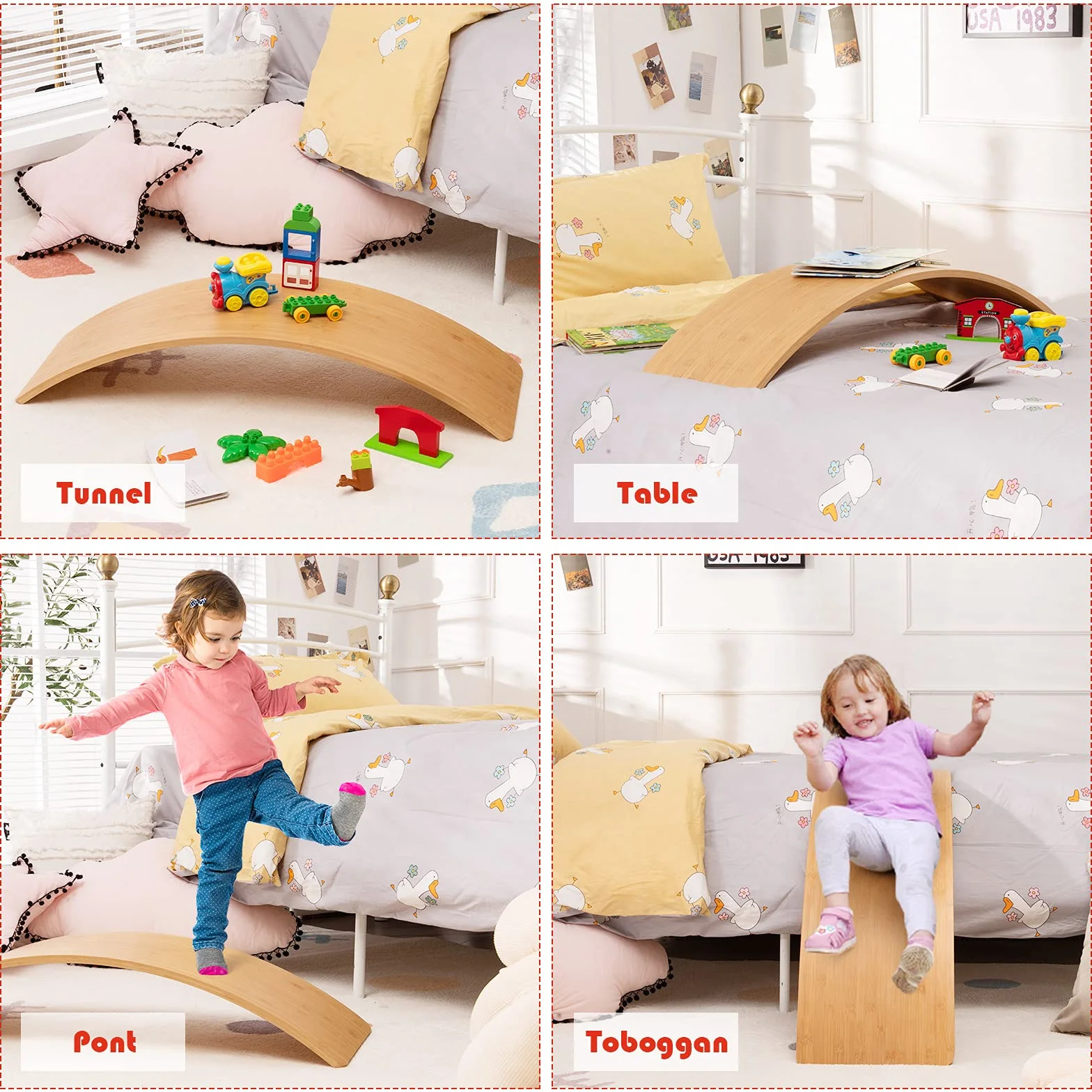 COSTWAY 6 en 1 Planche d'Équilibre Enfant en Bois, Balance Board Incurvé, Charge 150kg, 90,5 x 29,5cm