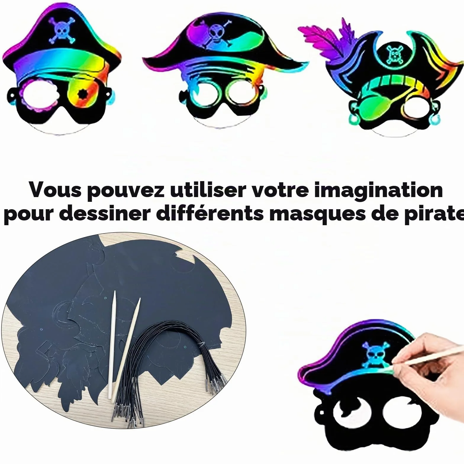 Lot de 48 masques de pirate arc-en-ciel à gratter pour anniversaire