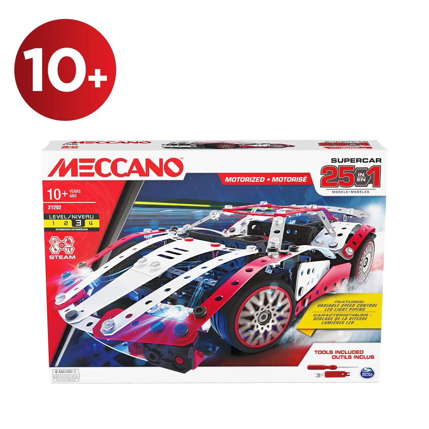 Bandai Meccano Supercar 25 en 1 Coffret de Construction 347 pièces Moteur 6V LED