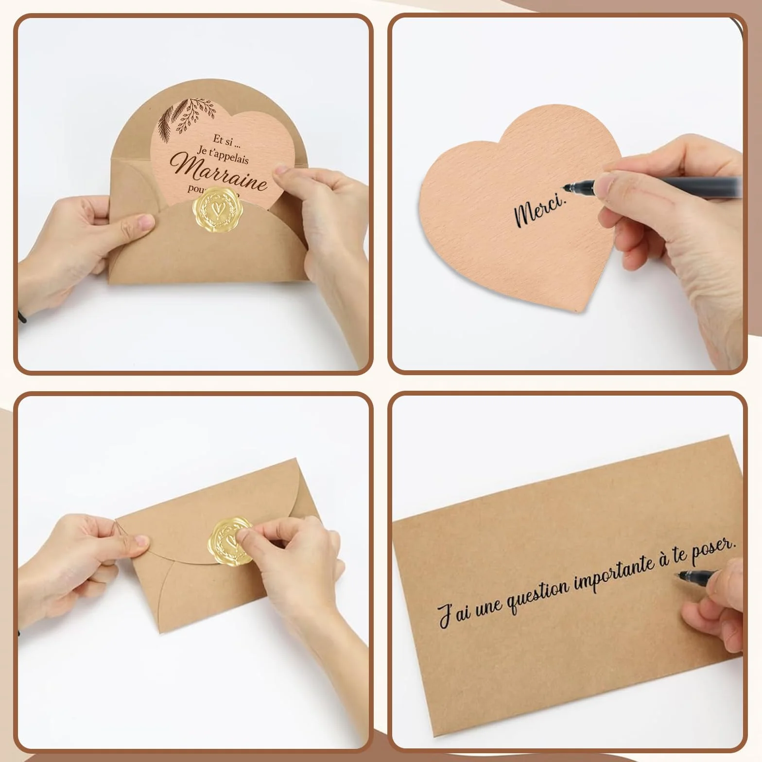 Cœurs Gravés Parrain Demande Marraine Baptême Naissance Lot 4 Pièces 10x9 cm Enveloppes Kraft Cadeau Bébé Famille