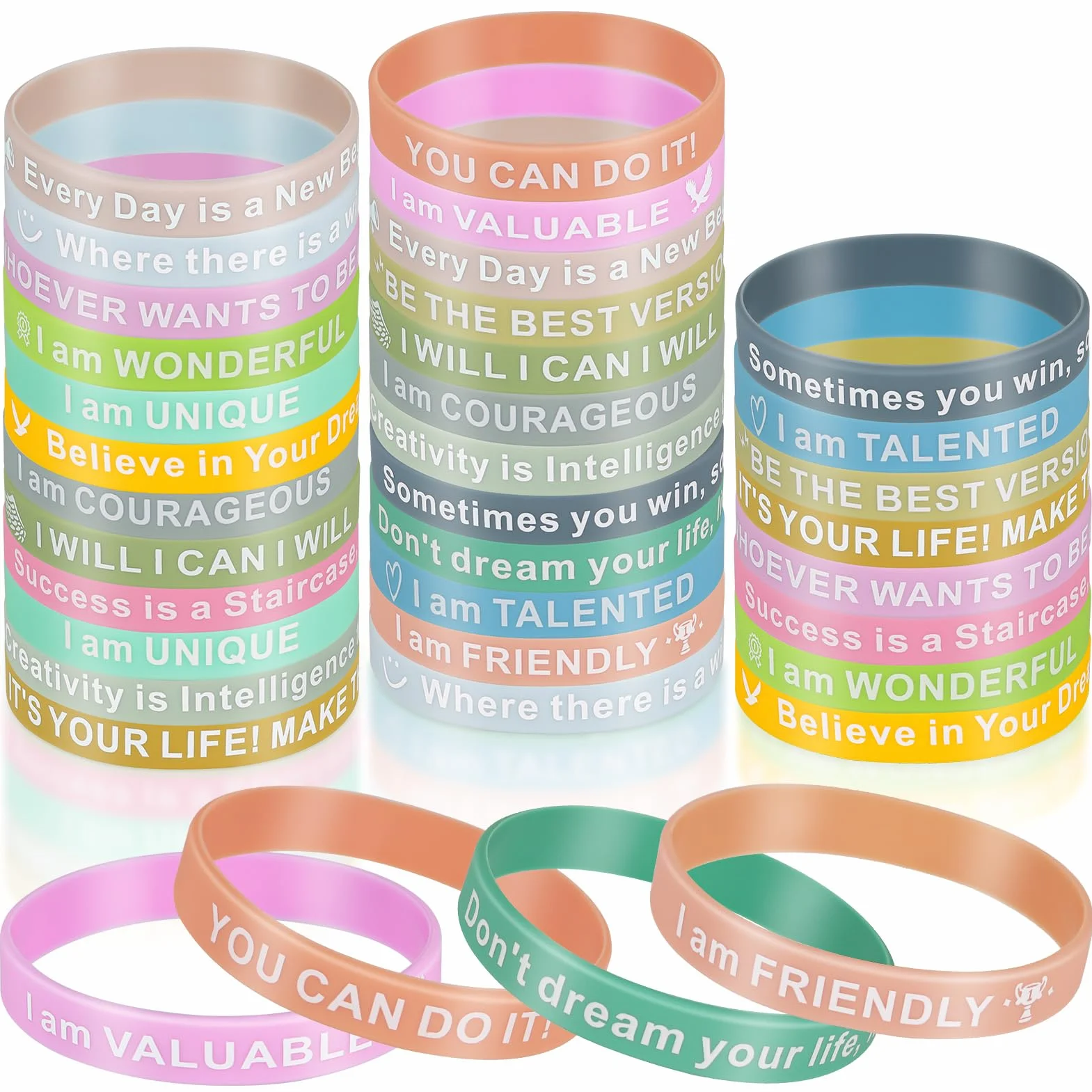 Bracelet en Silicone de Motivation 36 Pièces 20,2cm Couleurs avec Messages Positifs