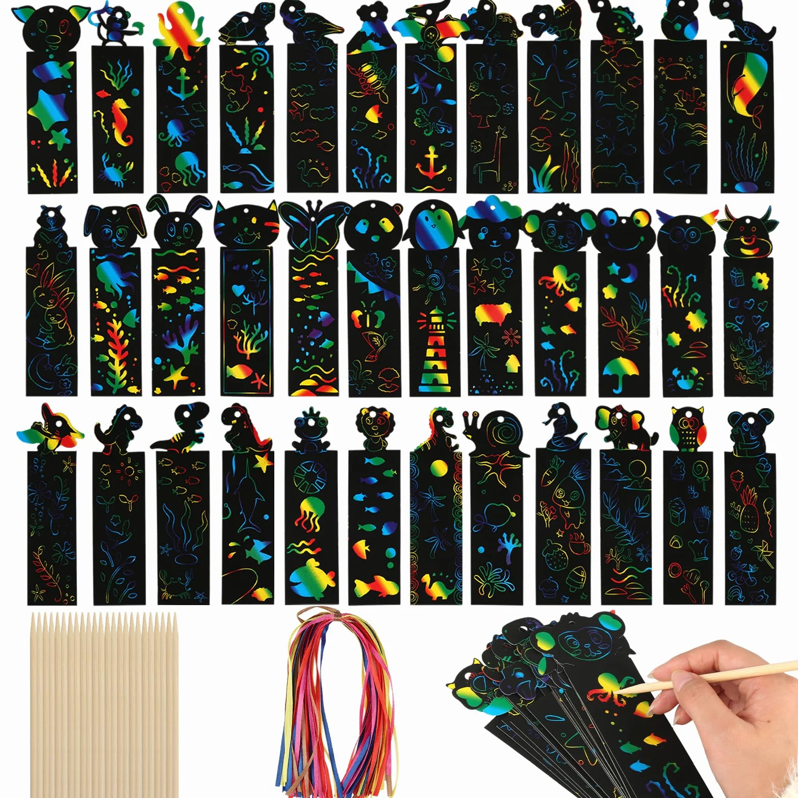 Lot de 48 Images à gratter pour Enfants avec Marque-Pages d'animaux, Stylos en Bois et Rubans - Papier à gratter créatif