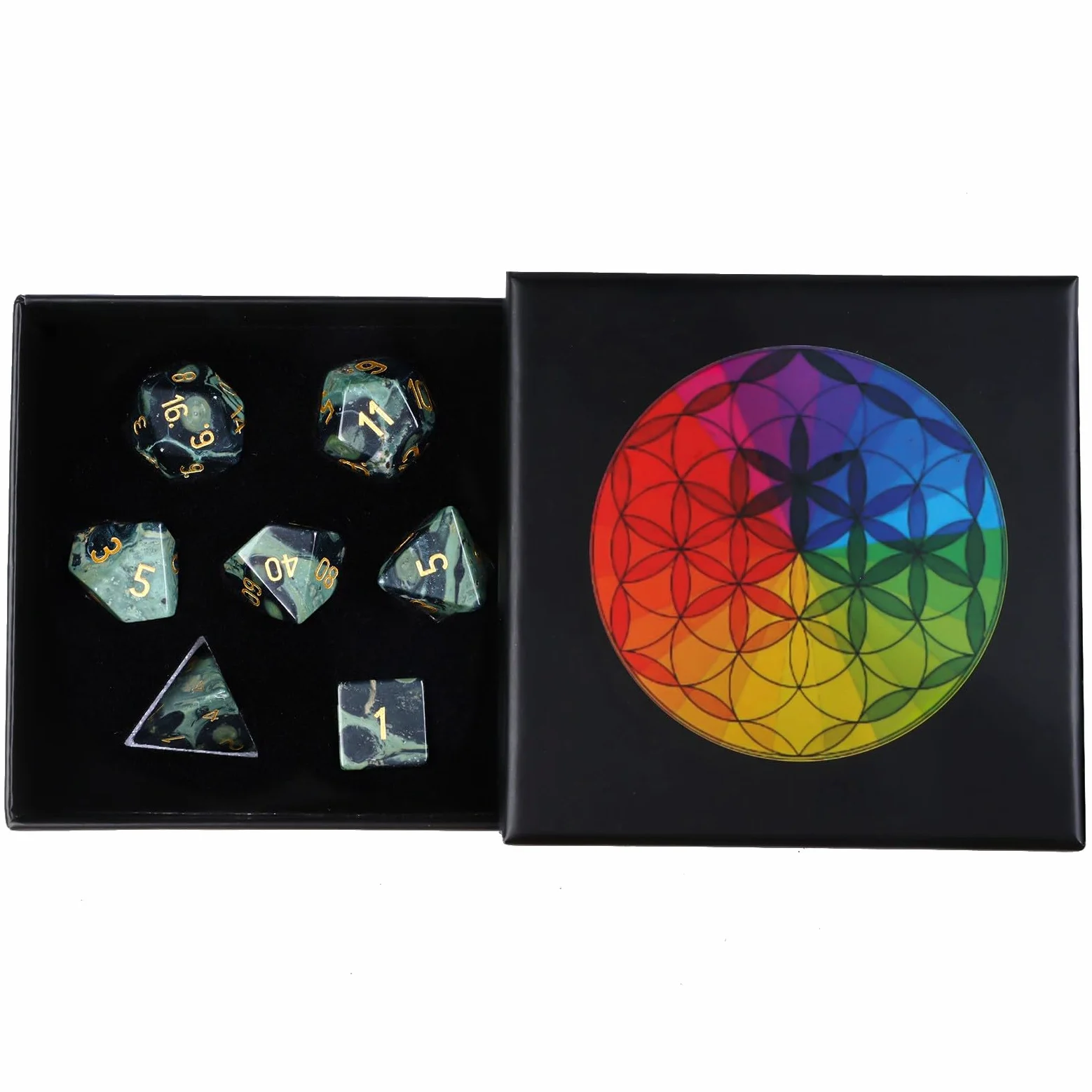 Ensemble de 7 dés polyédriques en Jaspe Kambaba DND avec boîte pour Jeux de Table RPG MTG, dés en Cristal de guérison pour la décoration et la Collection à la Maison