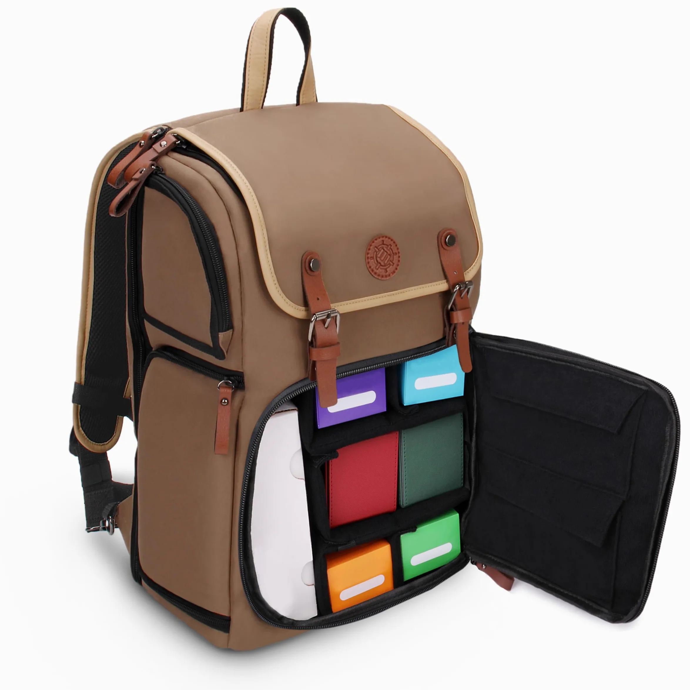 ENHANCE Sac à dos pour boîte de cartes à collectionner pleine grandeur – Espace pour classeur de cartes, boîte de pont TCG, support de tapis de jeu – Compatible avec Magic the Gathering (Bronzer)