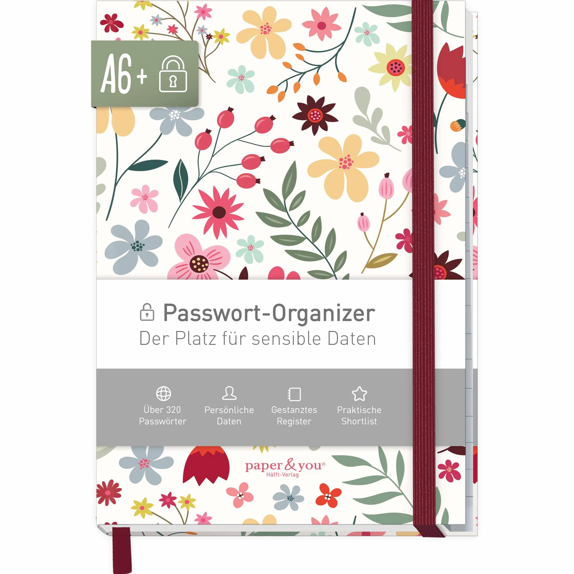 Livre de mots de passe A6+ Fleur sauvage avec onglet A-Z, gestionnaire de mots de passe durable