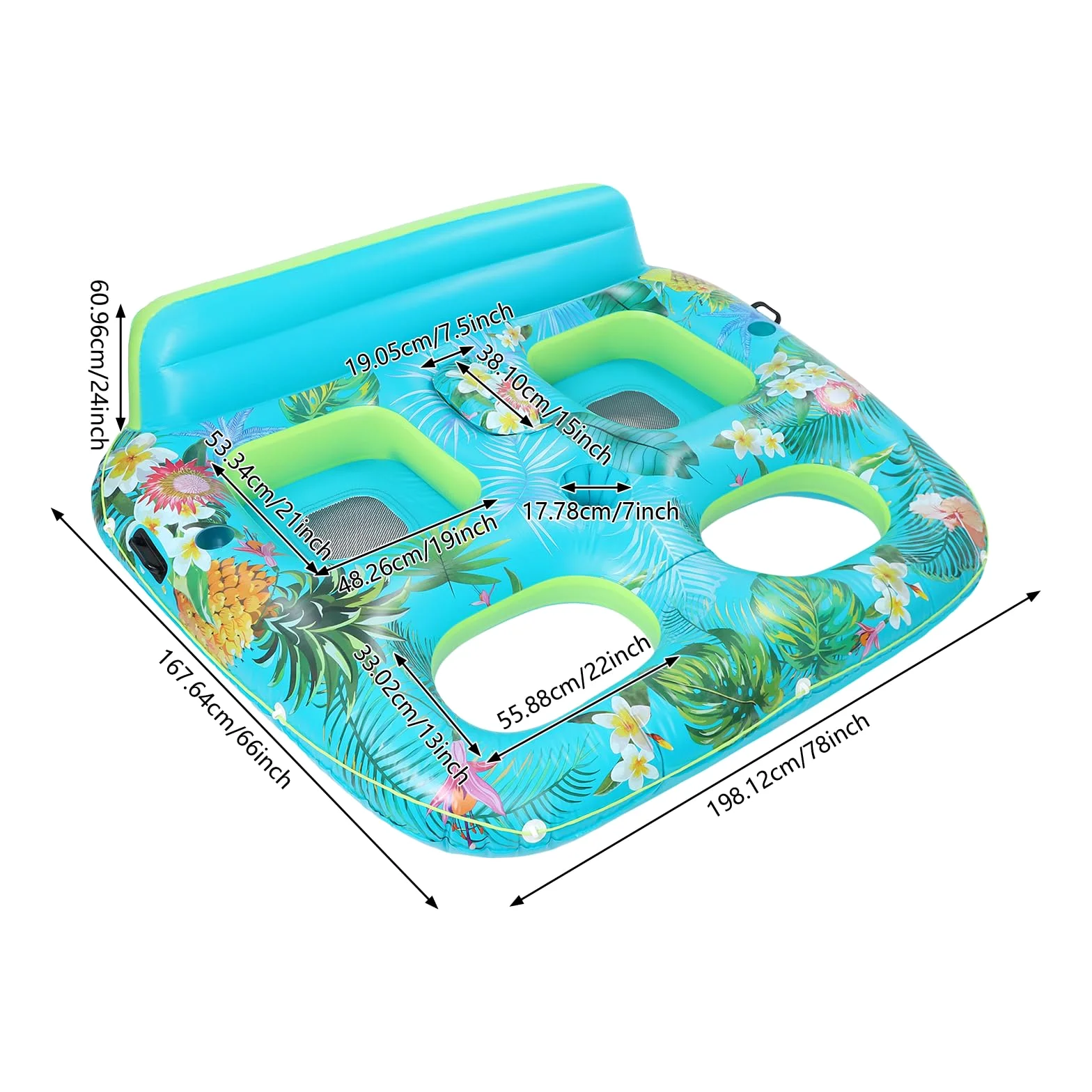 Matelas gonflable pour piscine 2 personnes, piscine solaire gonflable avec porte-gobelet et bar à glace, matelas gonflable à eau pour adulte avec appui-tête, PVC de 0,4 mm d'épaisseur, 167,64 x 198,12