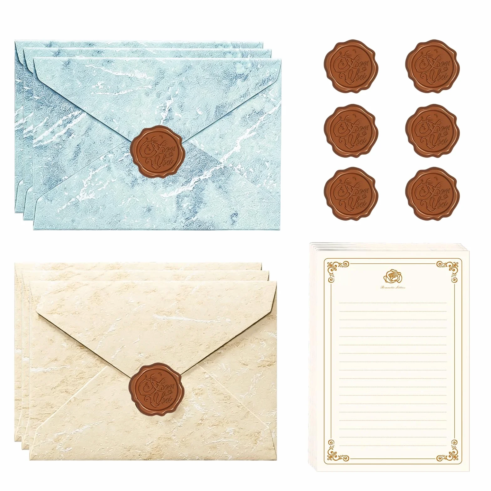 Ensemble de Papeterie Vintage avec Papier à Lettre, Enveloppes, et Autocollants Sceau de Cire