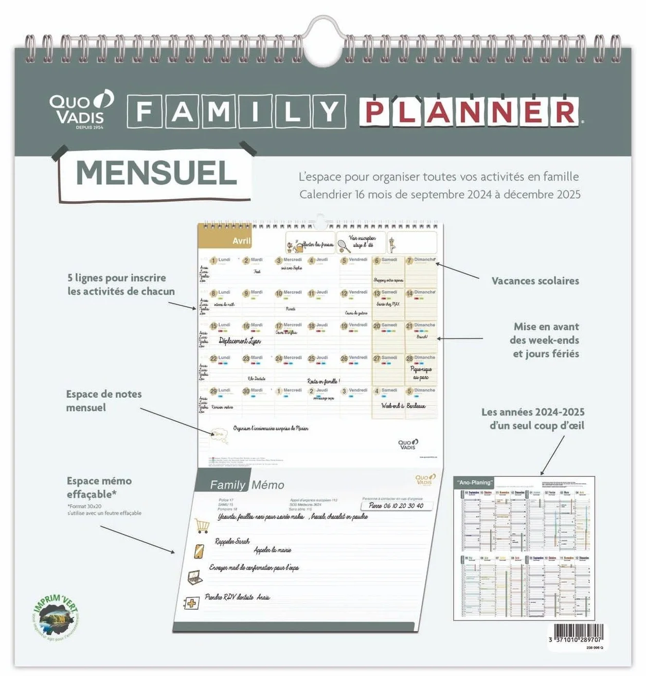 Quo Vadis Calendrier Mural Mensuel Family Planner 16 mois 30x30 cm