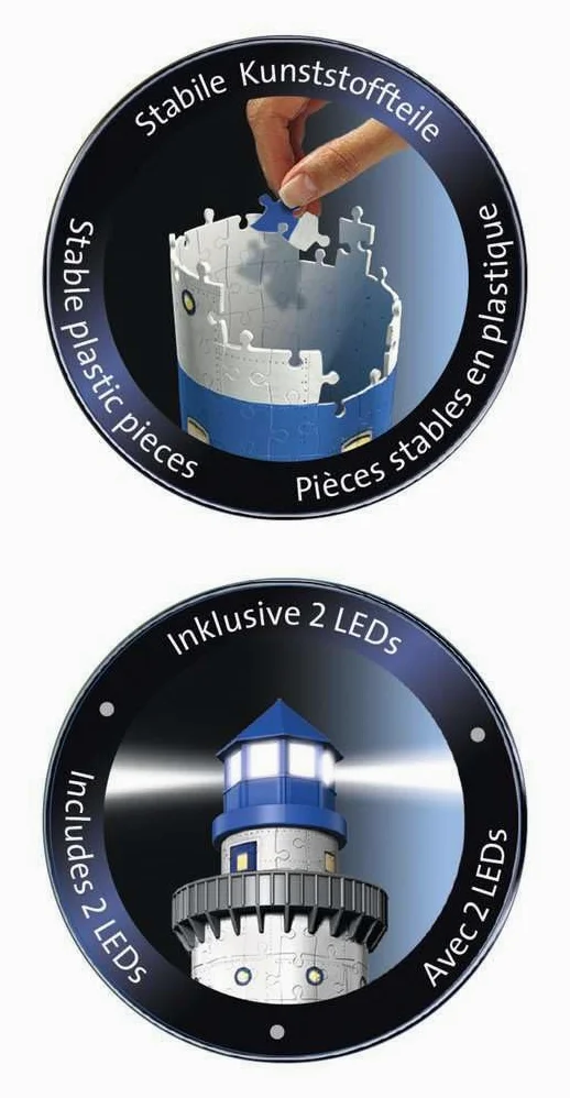 Ravensburger - Puzzle 3D Building - Phare illuminé - A partir de 8 Ans - 216 pièces numérotées à Assembler sans Colle - Accessoires de Finition Inclus - 12577