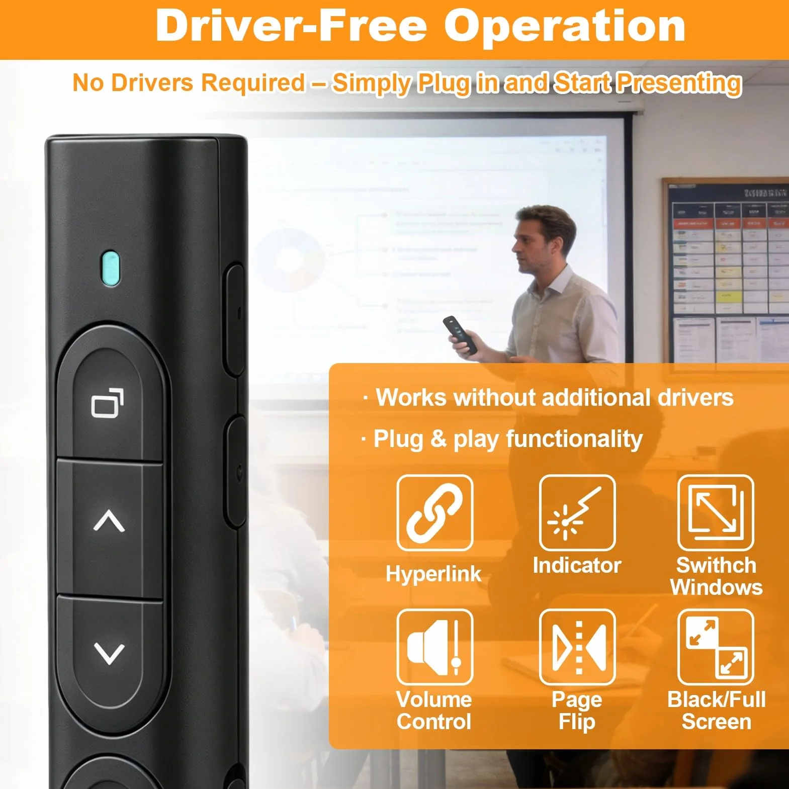 Télécommande Présentateur 2.4GHz USB sans Fil Rechargeable avec Hyperlien Contrôle du Volume pour Powerpoint Enseignement Bureau Mac PC Noir