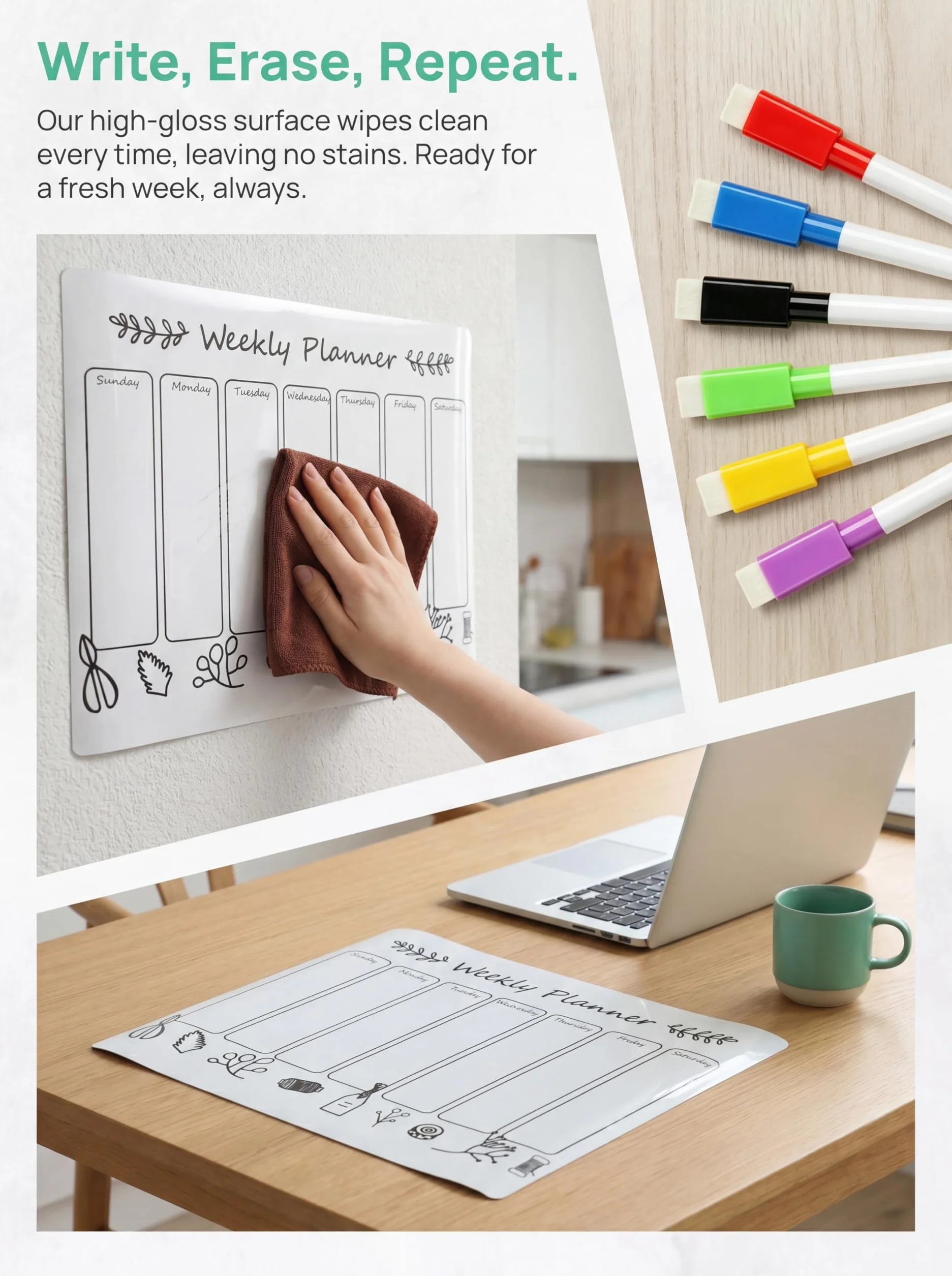 Tableau blanc magnétique effaçable avec 6 marqueurs et calendrier pour réfrigérateur, planificateur familial