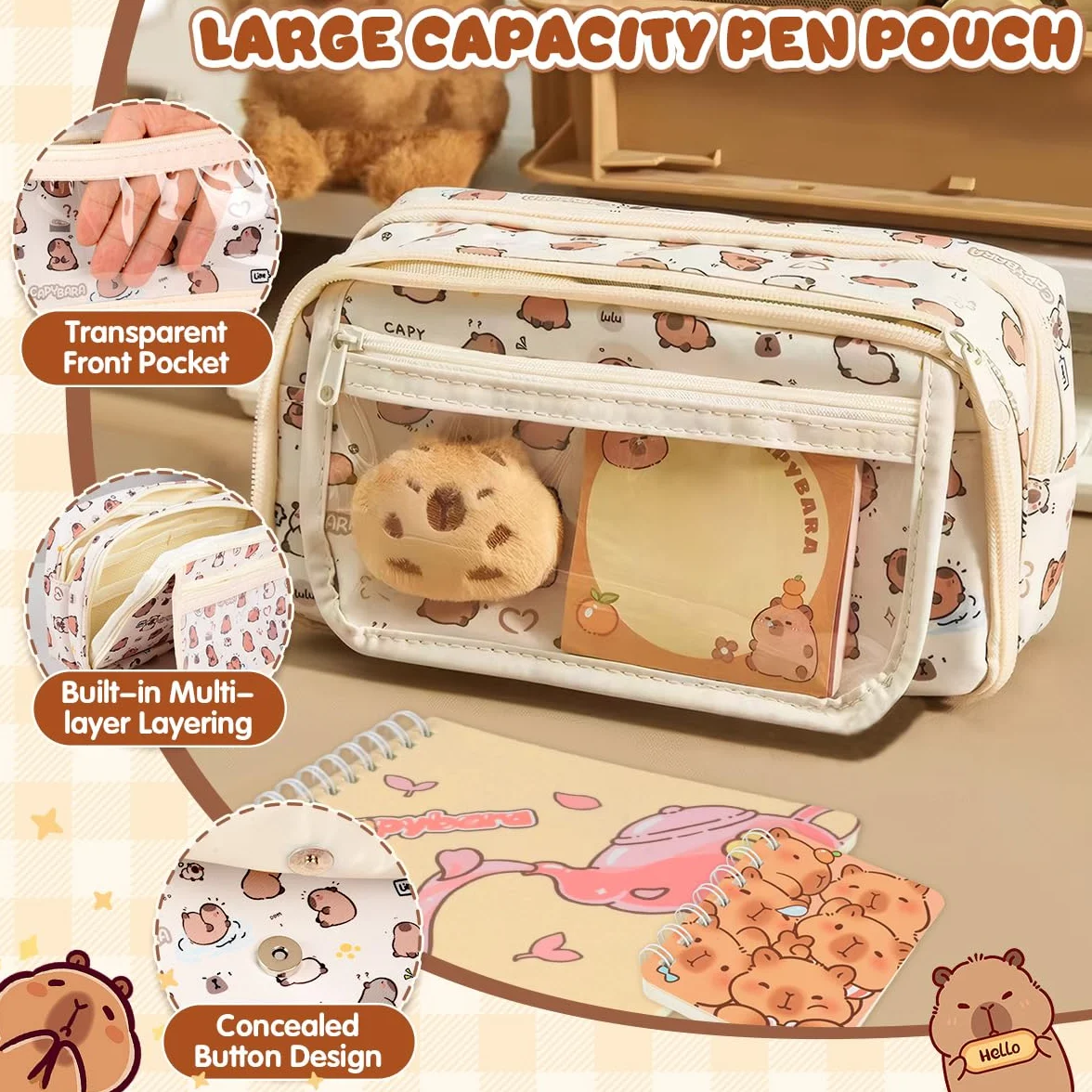 Papeterie Capybara Trousse Grande Capacité Stylo Effacables Carnets Notes Règle Dessin Signets Porte-Monnaie Fourniture Scolaire