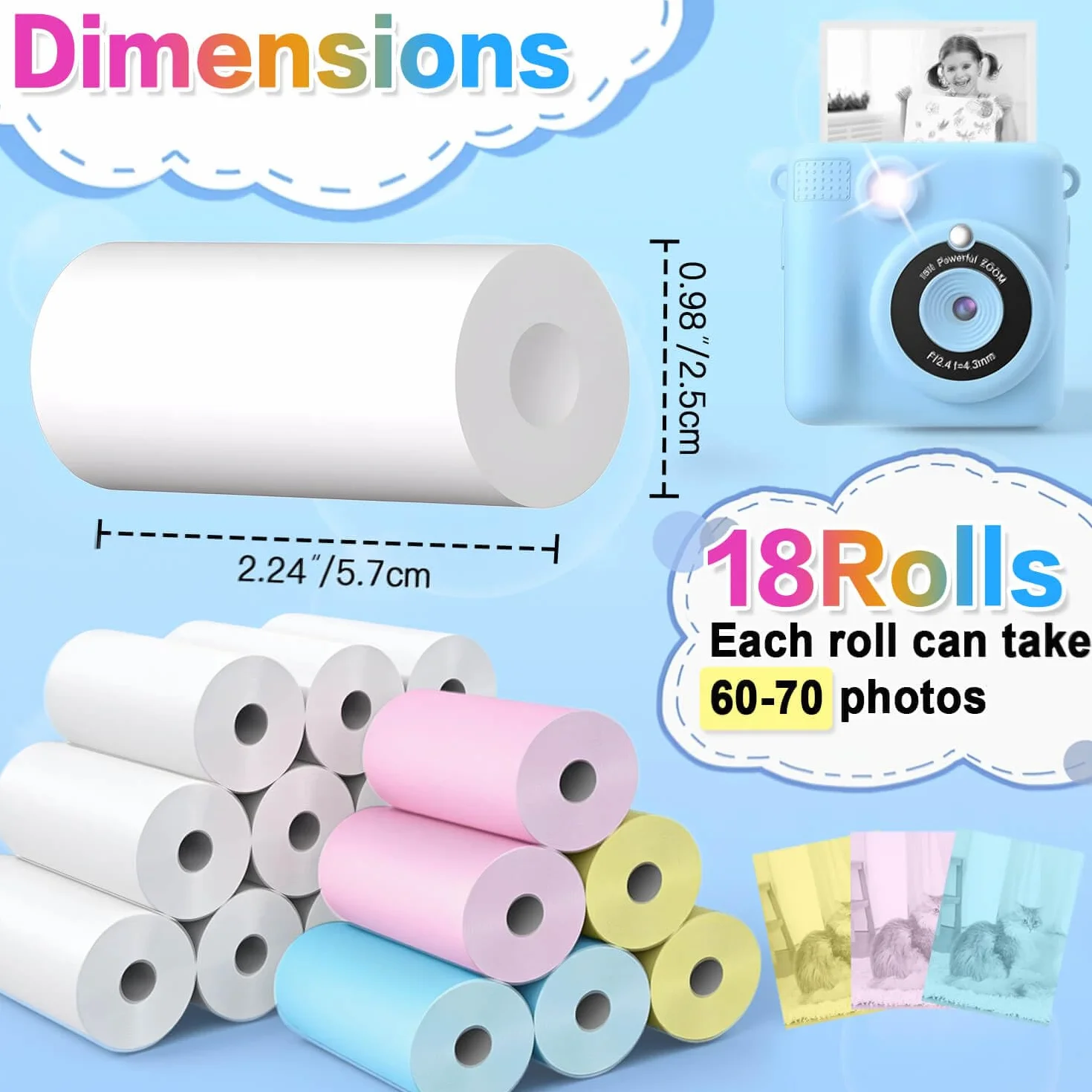 Lot de 18 rouleaux de papier pour appareil photo instantané enfants, sans BPA 5.7 x 2.5 cm