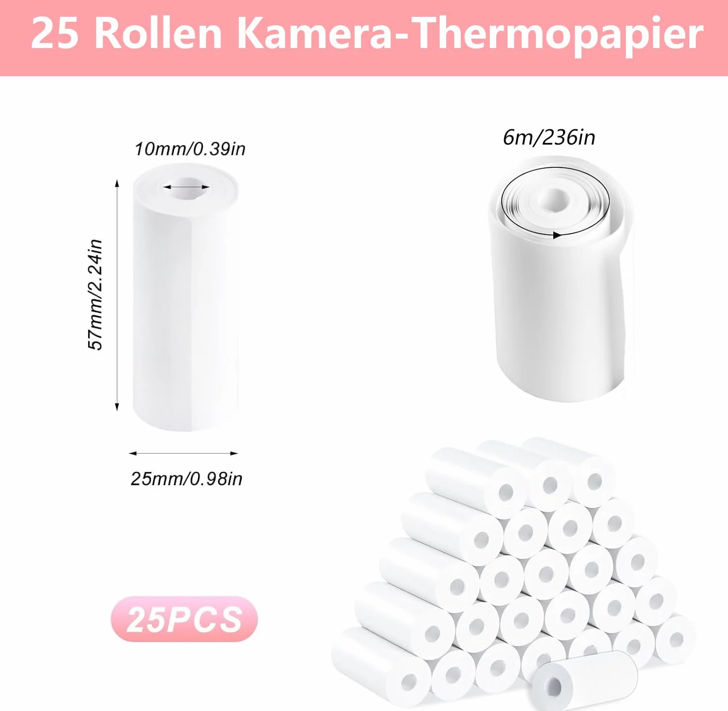 Papier thermique 57x25mm 25 Rouleaux pour Appareil Photo Enfant Imprimante Thermique