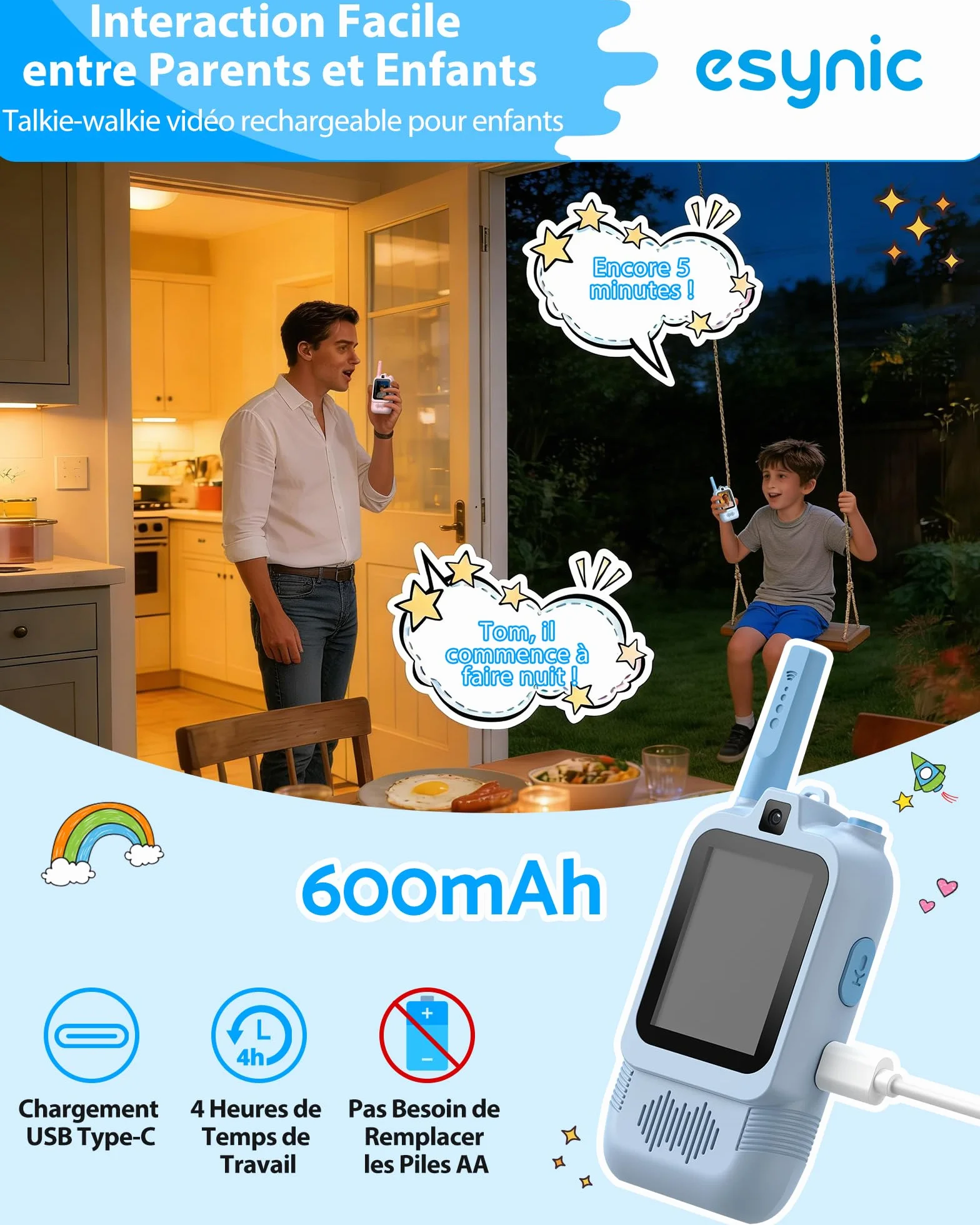 eSynic Talkie Walkie Enfants Double Caméra Appels Vidéo Portée 500m Rechargeable Rose+Bleu