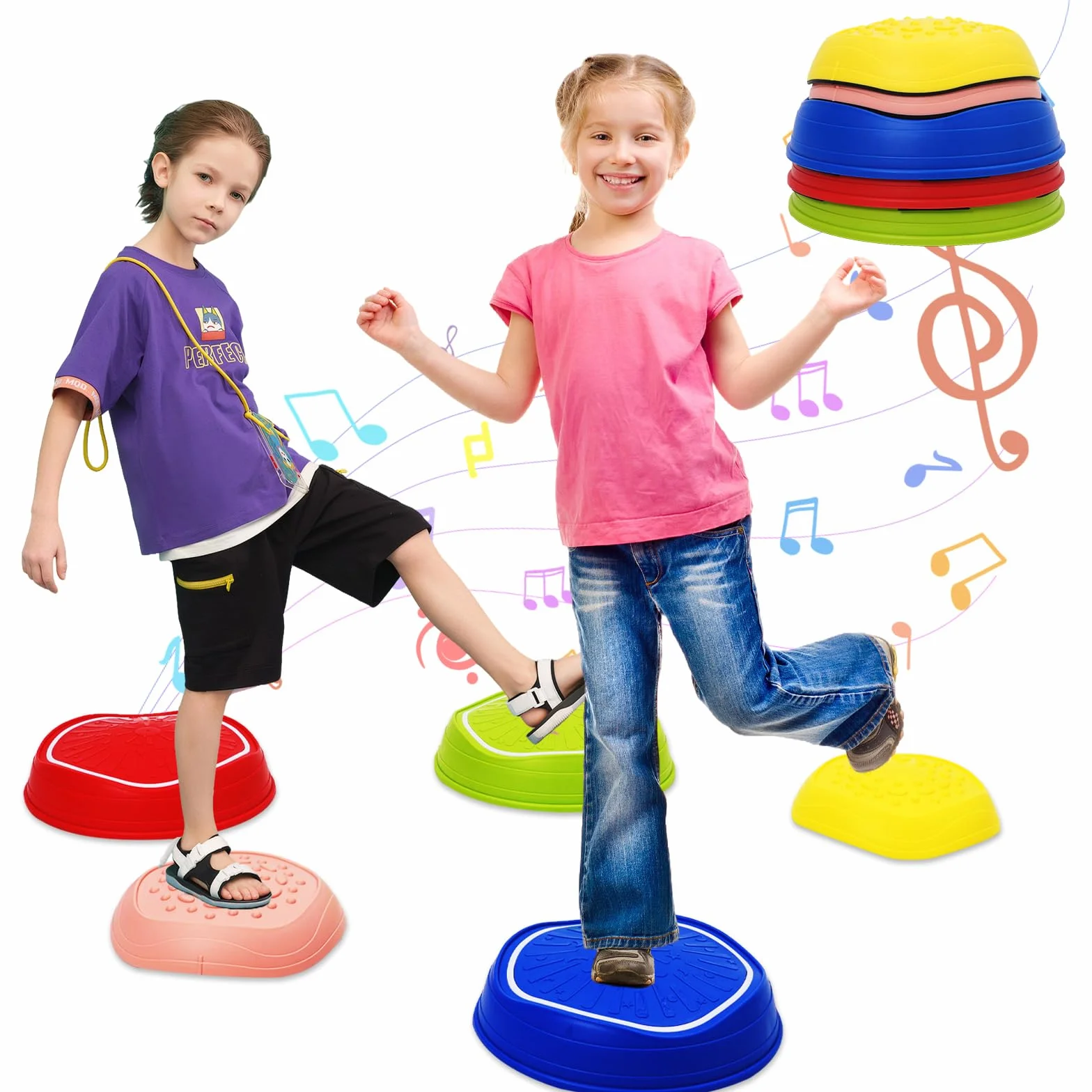 Pierres d'Équilibre Enfants 5PCS Parcours Motricité avec Musique et Lumière – Formation d'Équilibre Antidérapantes Jouets Sensoriels Int-Ext 3-8 Ans 70 kg