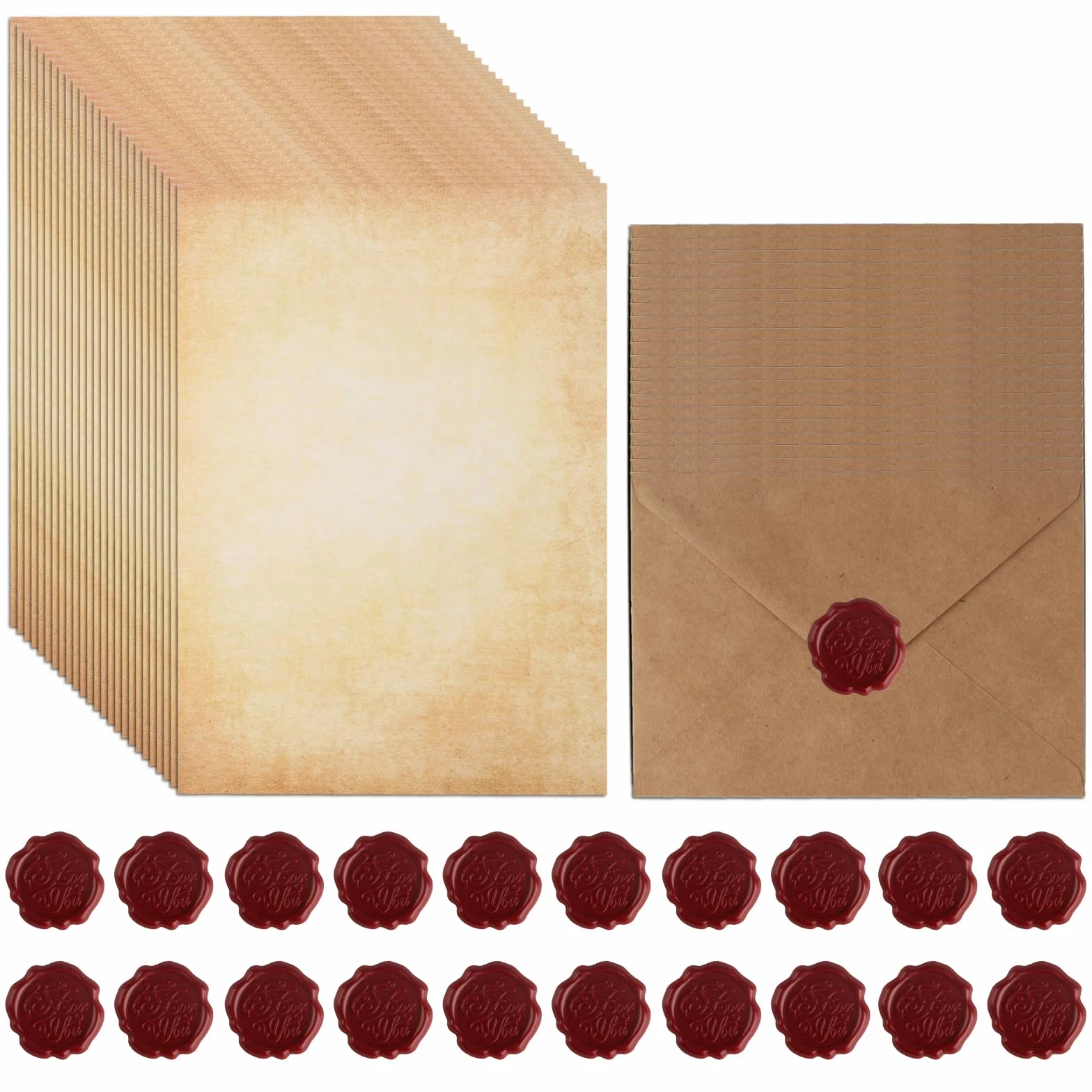 Vintage Papier à Lettre avec Enveloppes 65 Pièces: 20 Enveloppes Kraft, 25 Papiers, 20 Autocollants Sceau de Cire pour Mariage Anniversaire