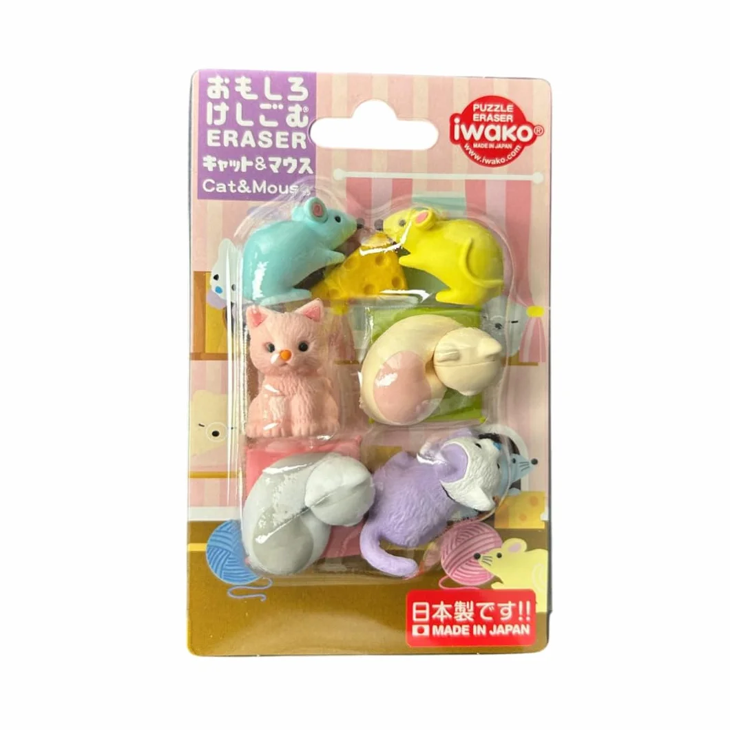 Iwako Lot de Gomme Kawaii Puzzle Chat et Souris - Made in Japan - Mini Gomme Animaux - Enfant Dès 3 ans