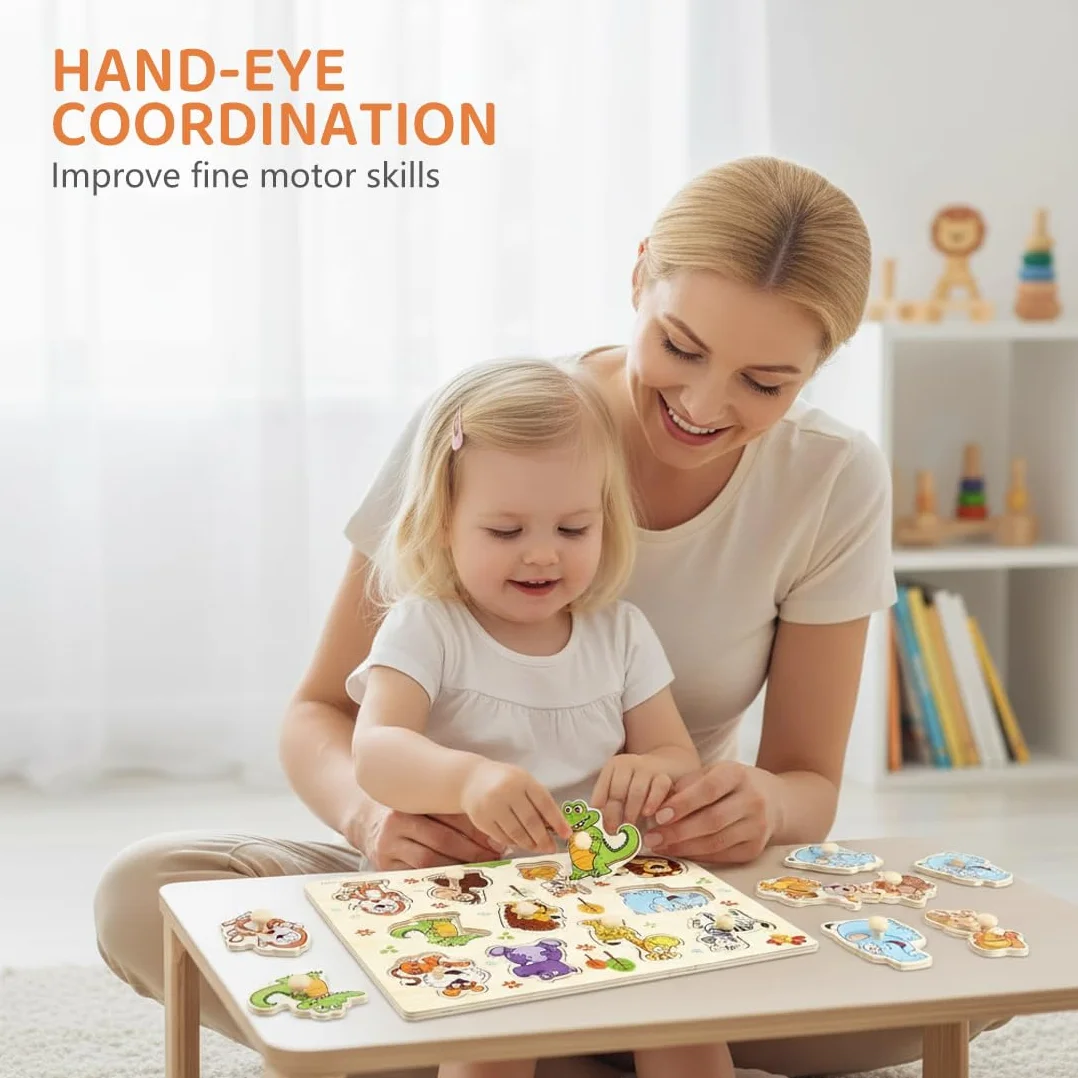 Puzzle en Bois Jouet Éducatif Animaux de la Jungle pour Enfants 1-3 Ans