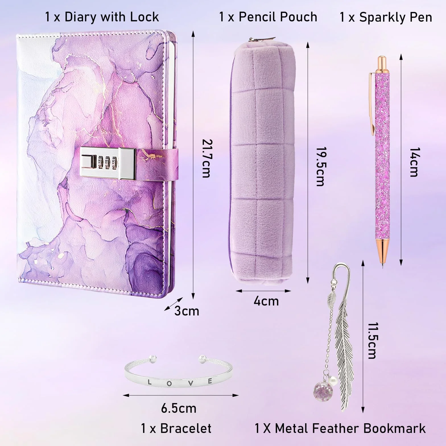 TNSLAND Set de Papeterie Violet, Journal Intime Fille avec Serrure, Cadeaux pour Filles 7-14 Ans