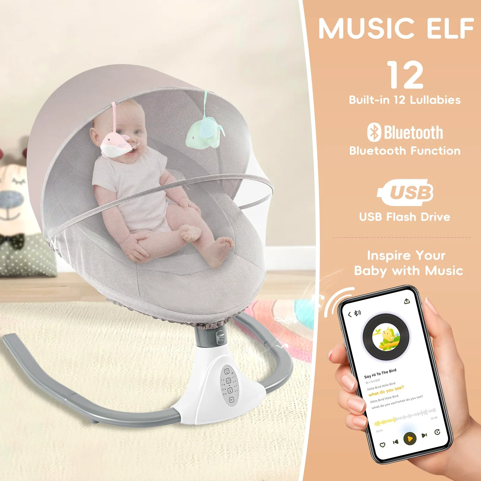 BalancelleBebe Electrique,Balancellepour BéBéBalancelle,Balancer BéBés,avec Parasol et Tente,Il Convient aux Familles avec des BéBéS âGéS de 0 à 18 Mois et Pesant (Gris)