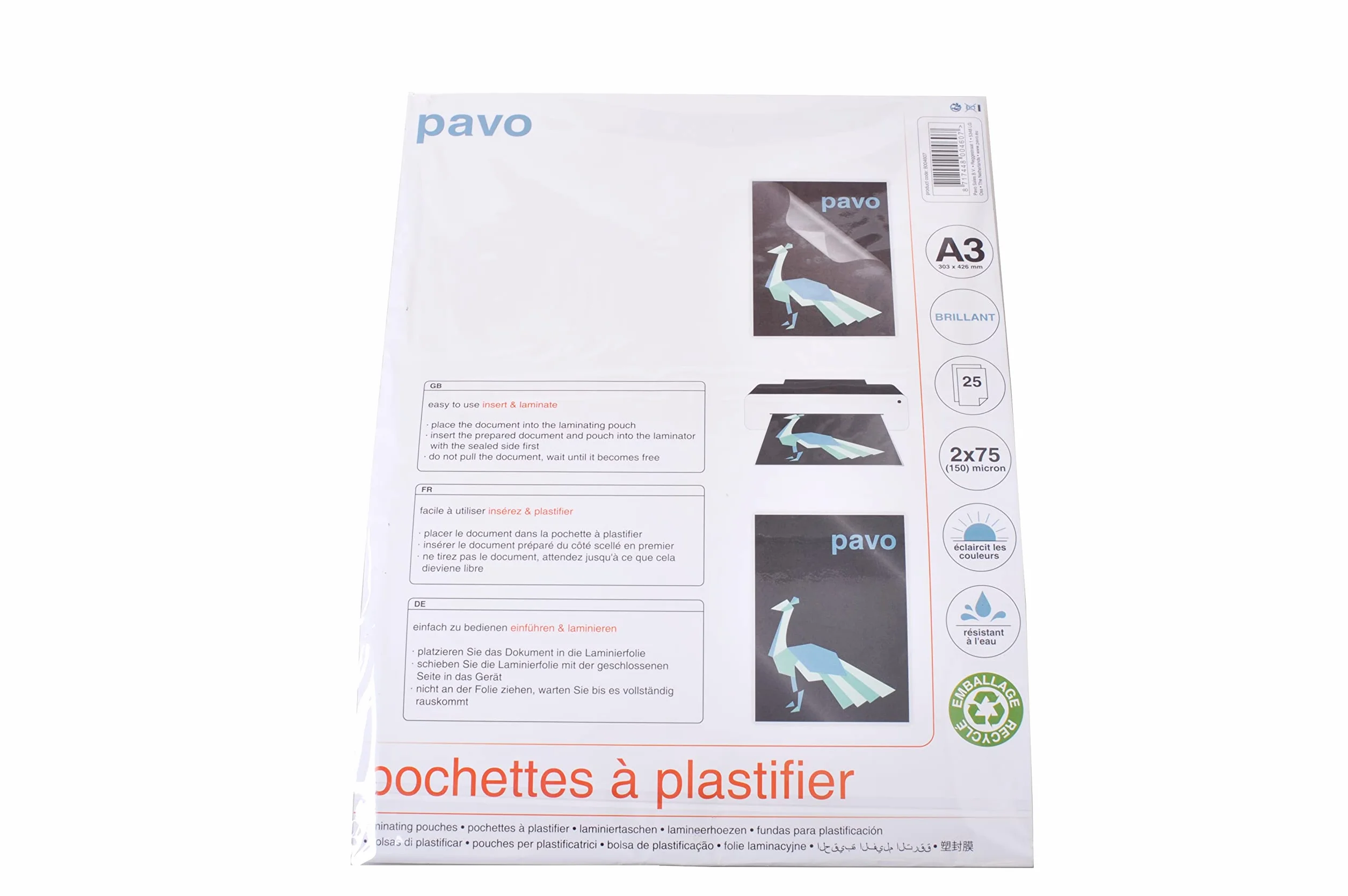 Pochettes de plastification A3 75/80 microns Brillant Pack de 25