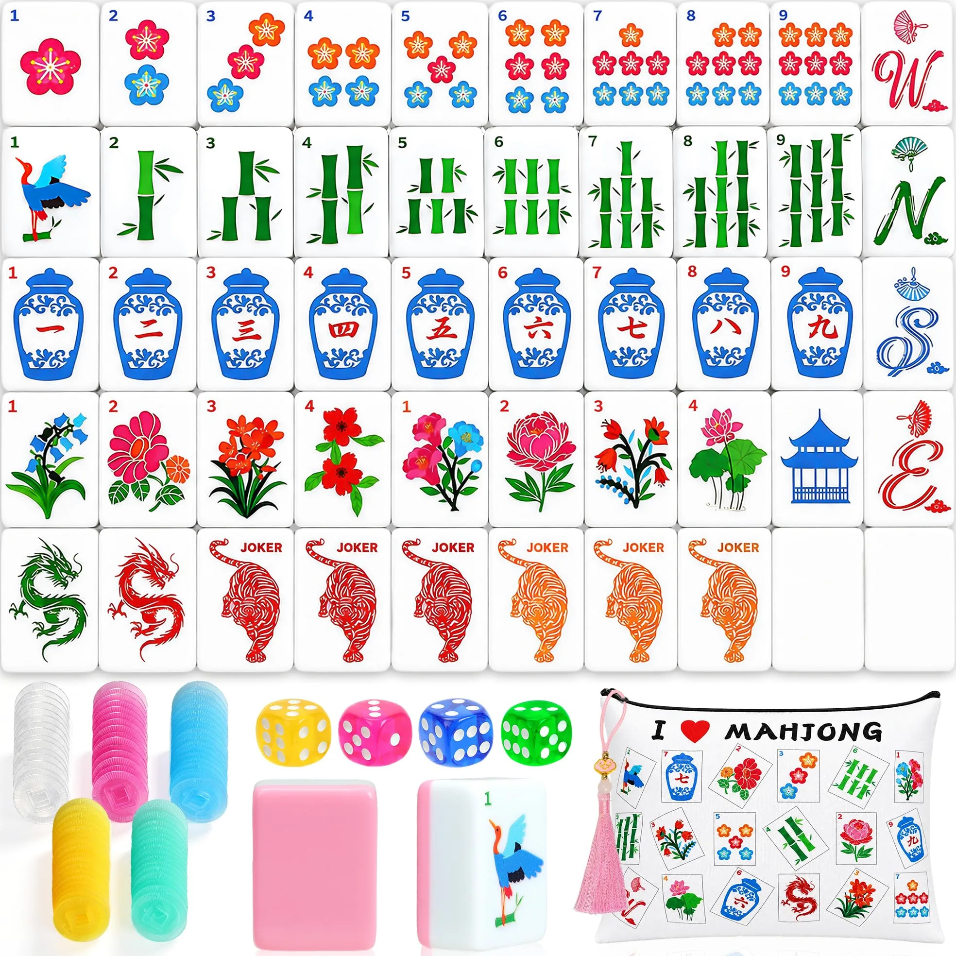 Mahjong Tile Set de 168 mahjongs avec 4 dés et sac de transport | Ensemble de mahjong portable pour voyage, fête, famille, loisirs (3 cm)