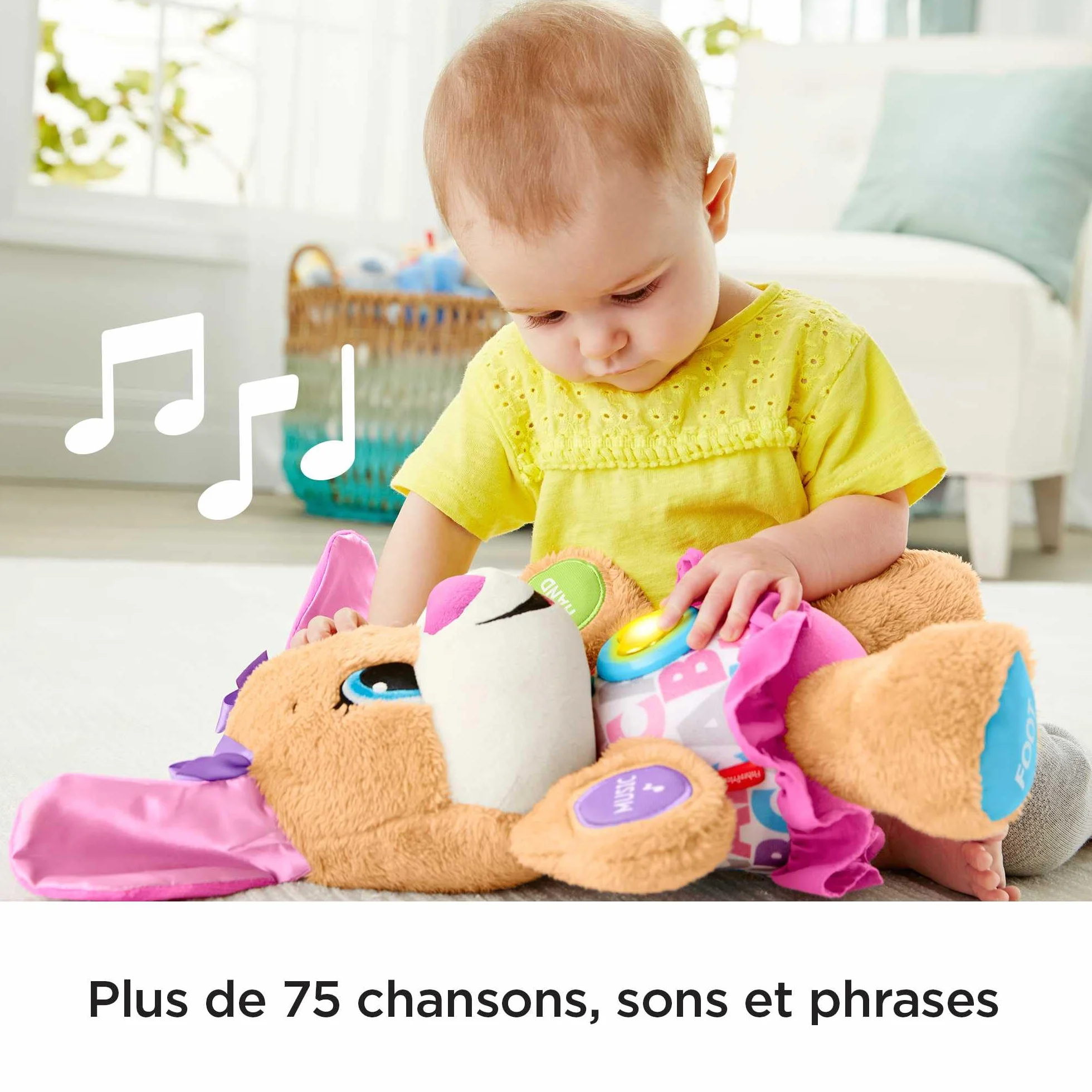 Fisher-Price Peluche Interactive Eveil Progressif Sœur de Puppy, 50+ Chansons, 3 Niveaux, Version Française, 6 Mois+, FPP52