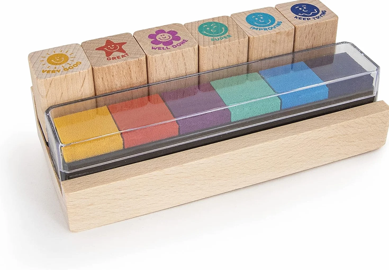 TRENDHAUS Set de tampons Anglais 6 pièces pour enseignants avec tampons encreurs colorés en bois