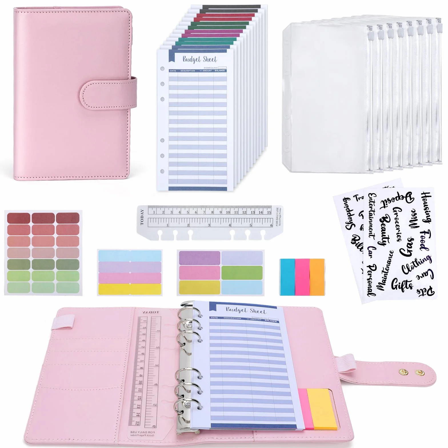 Euqvunn Enveloppe Budget A6 avec Enveloppes Argent Liquide, Fermoirs Ajustables, Classeur Budget Carnet Rose