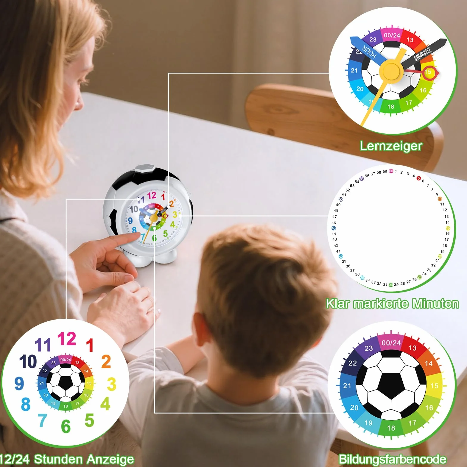 Réveil Enfant Football Garçon Fille Horloge Pédagogique Analogique Silencieux sans Tic-Tac avec Veilleuse Snooze Antidérapant Idée Cadeau Éducatif 5-12 Ans