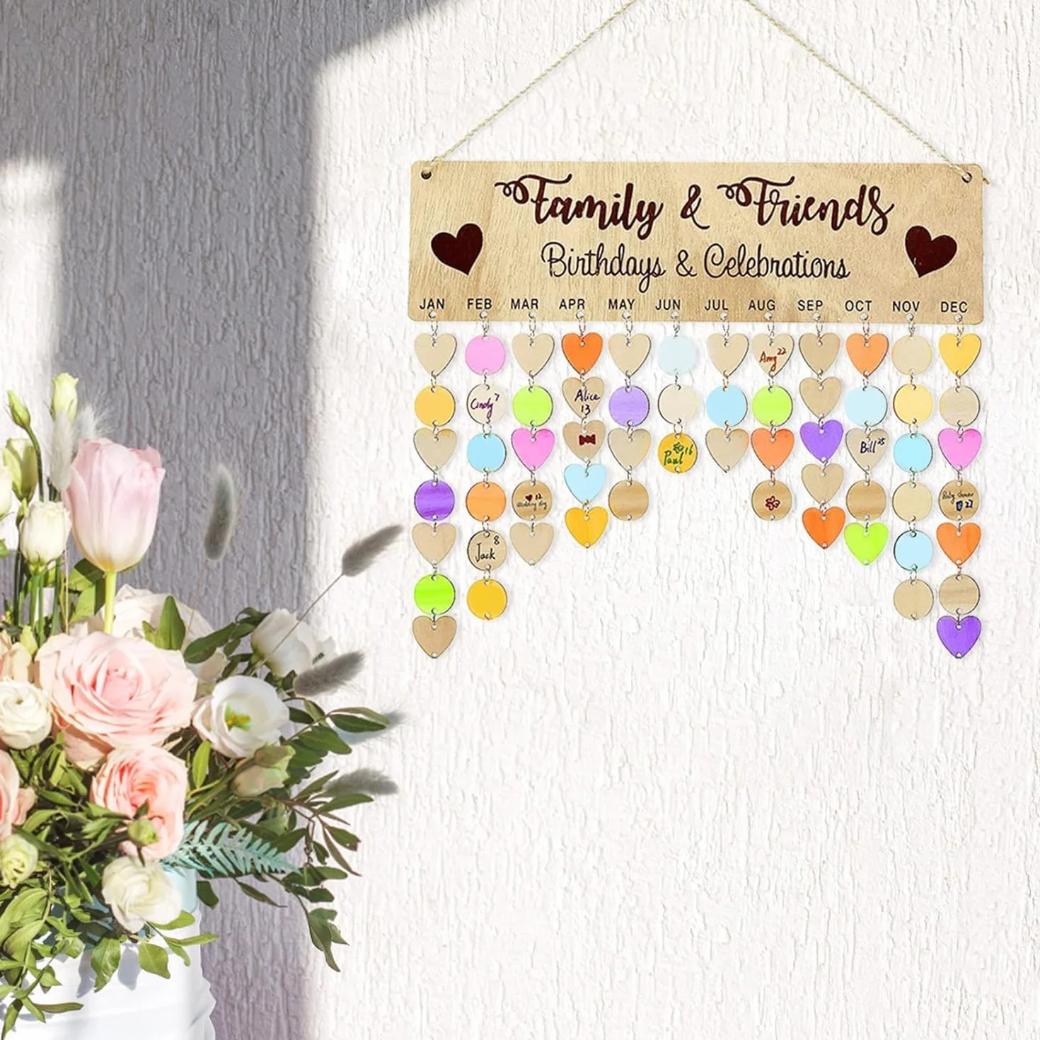 Calendrier Mural en Bois avec 100 Étiquettes pour Anniversaire, Décoration Murale Maison
