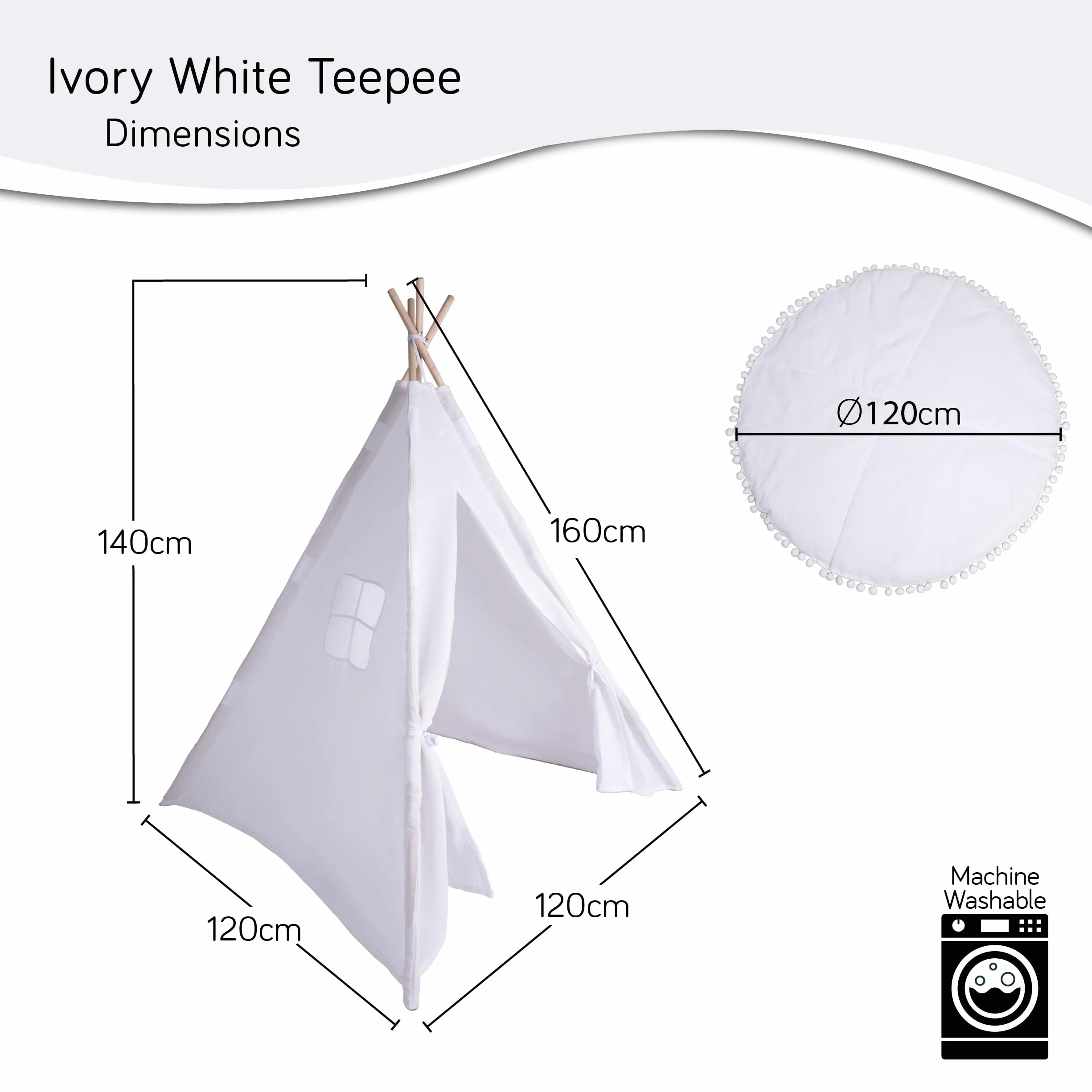 Tente tipi pour enfants blanc ivoire 140x120 cm toile coton avec guirlande lumières étoile