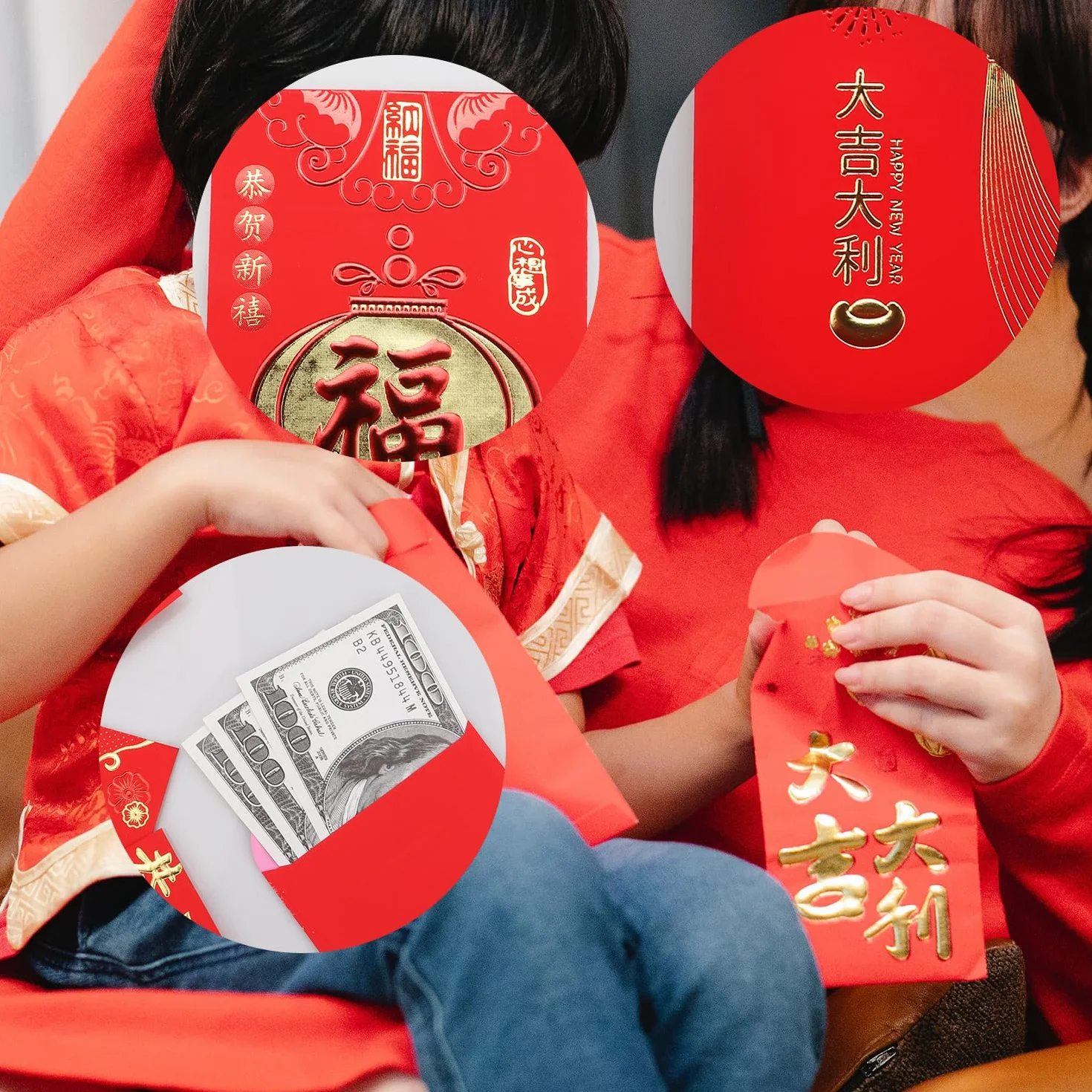 Lot de 24 enveloppes rouges chinoises Hong Bao Grande taille pour Nouvel An chinois, mariage