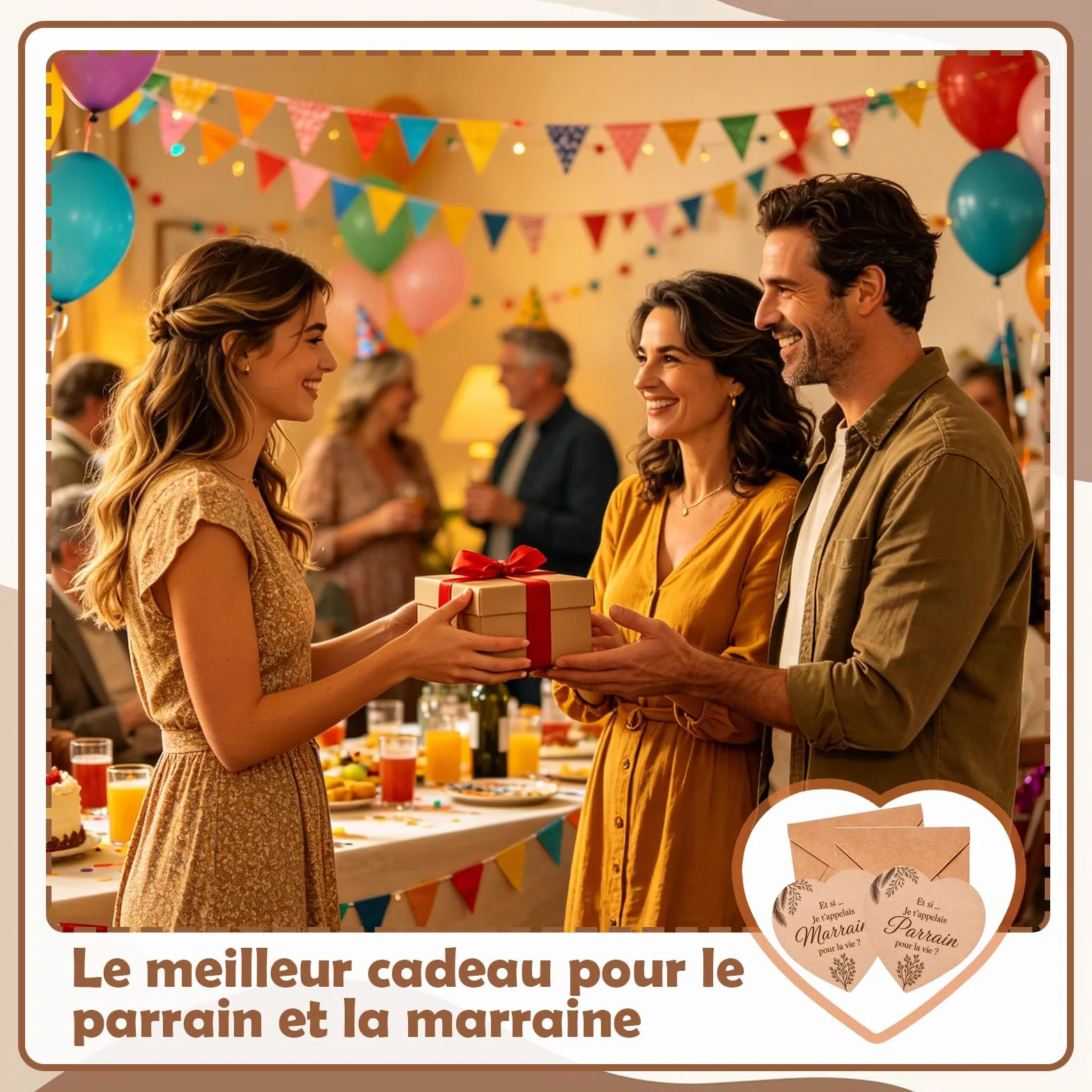 Cœurs Gravés Parrain Demande Marraine Baptême Naissance Lot 4 Pièces 10x9 cm Enveloppes Kraft Cadeau Bébé Famille